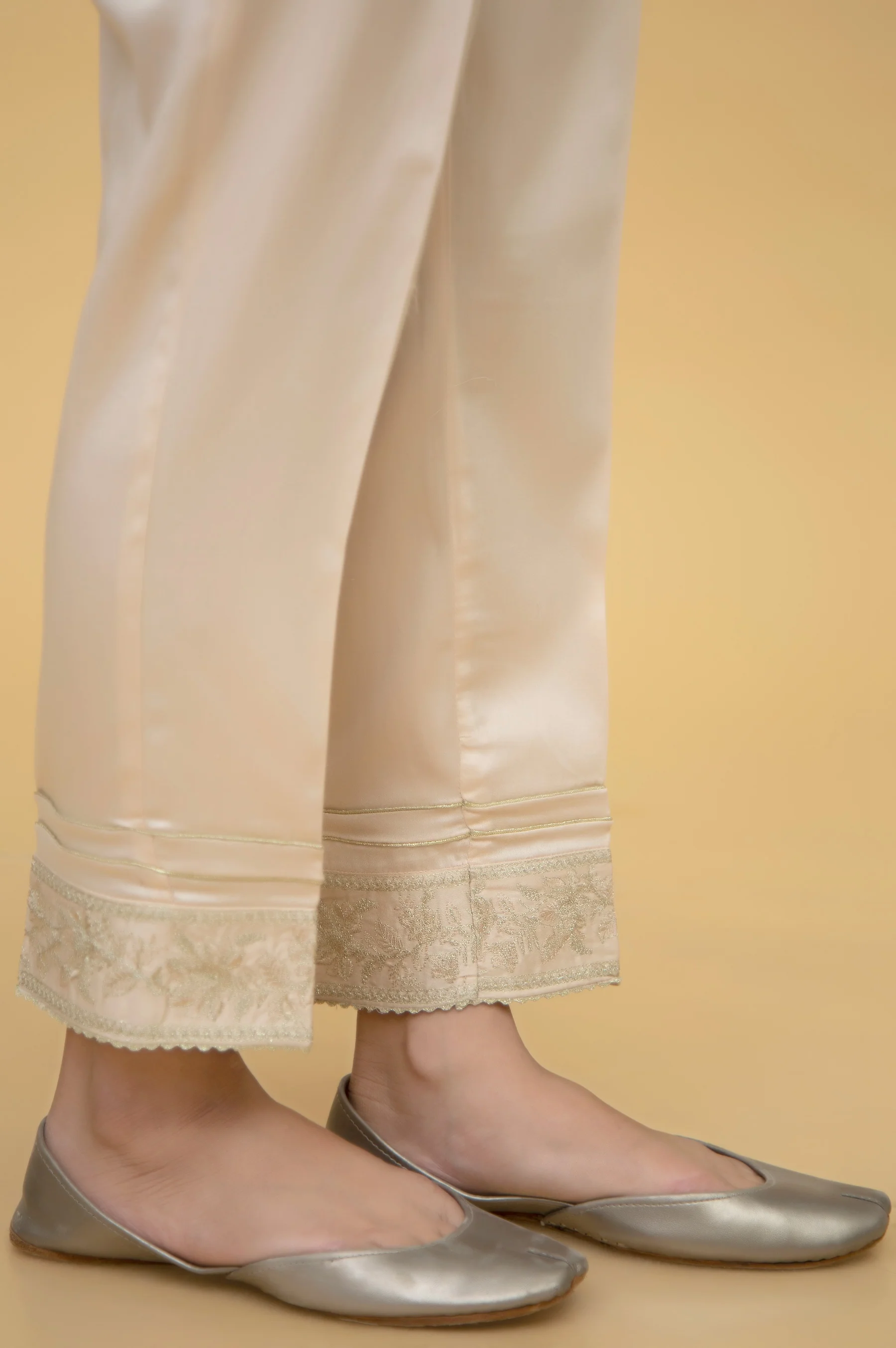 Embroidered Cotton Satin Ciggerate Pants - Beige - Image 3