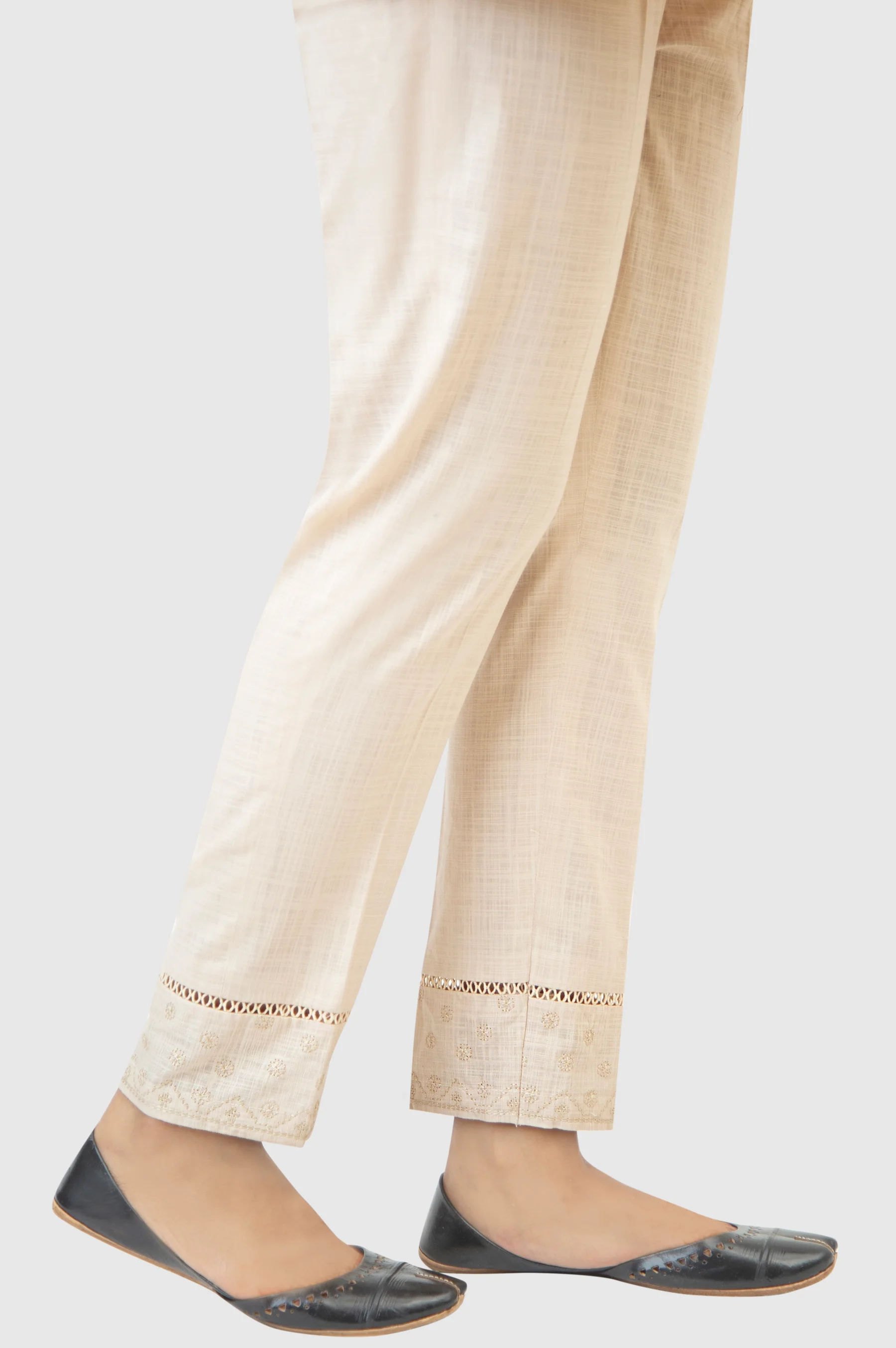 Embroidered Cotton Slub Cigeratte Pants - Beige - Image 2
