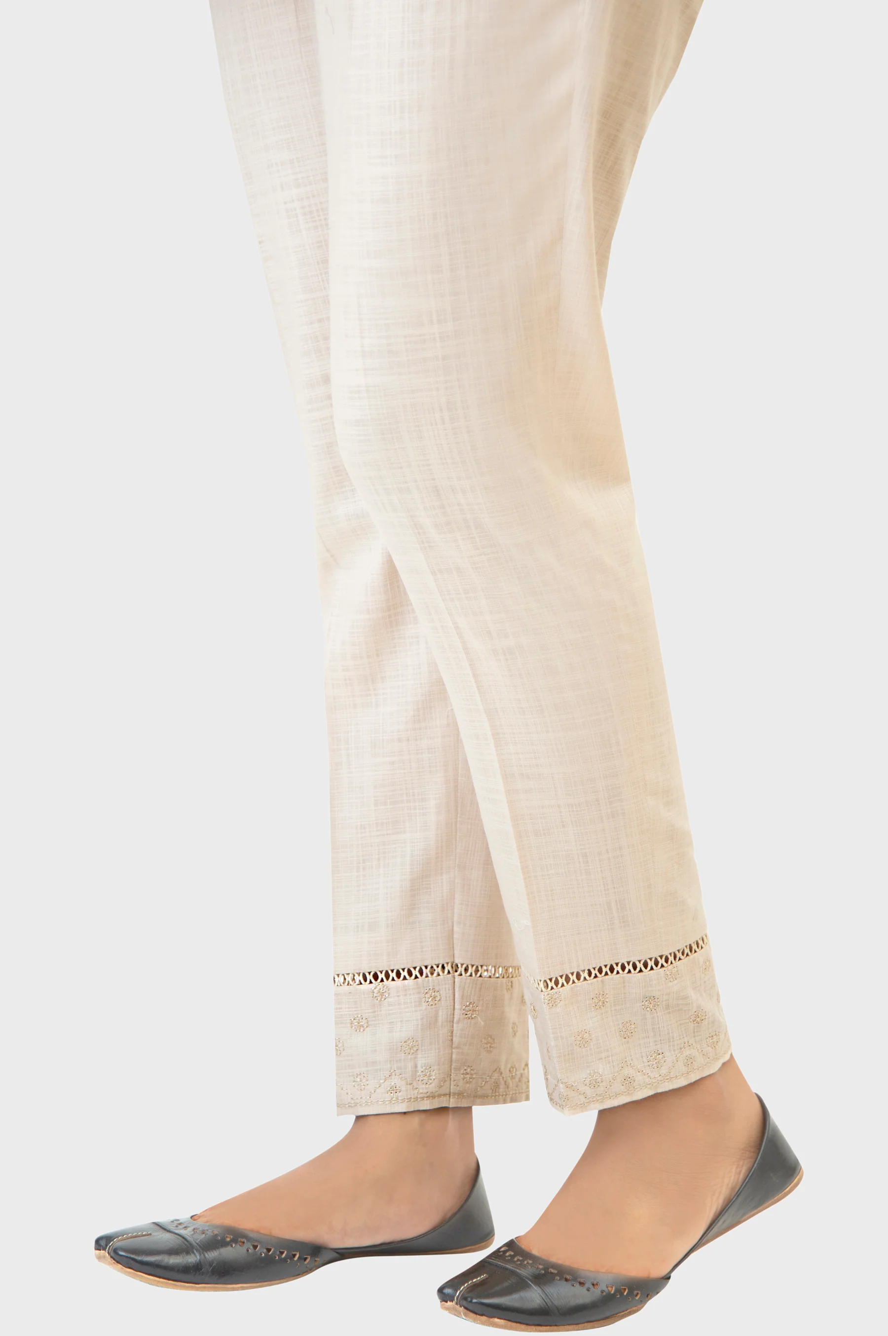 Embroidered Cotton Slub Cigeratte Pants - Beige - Image 3