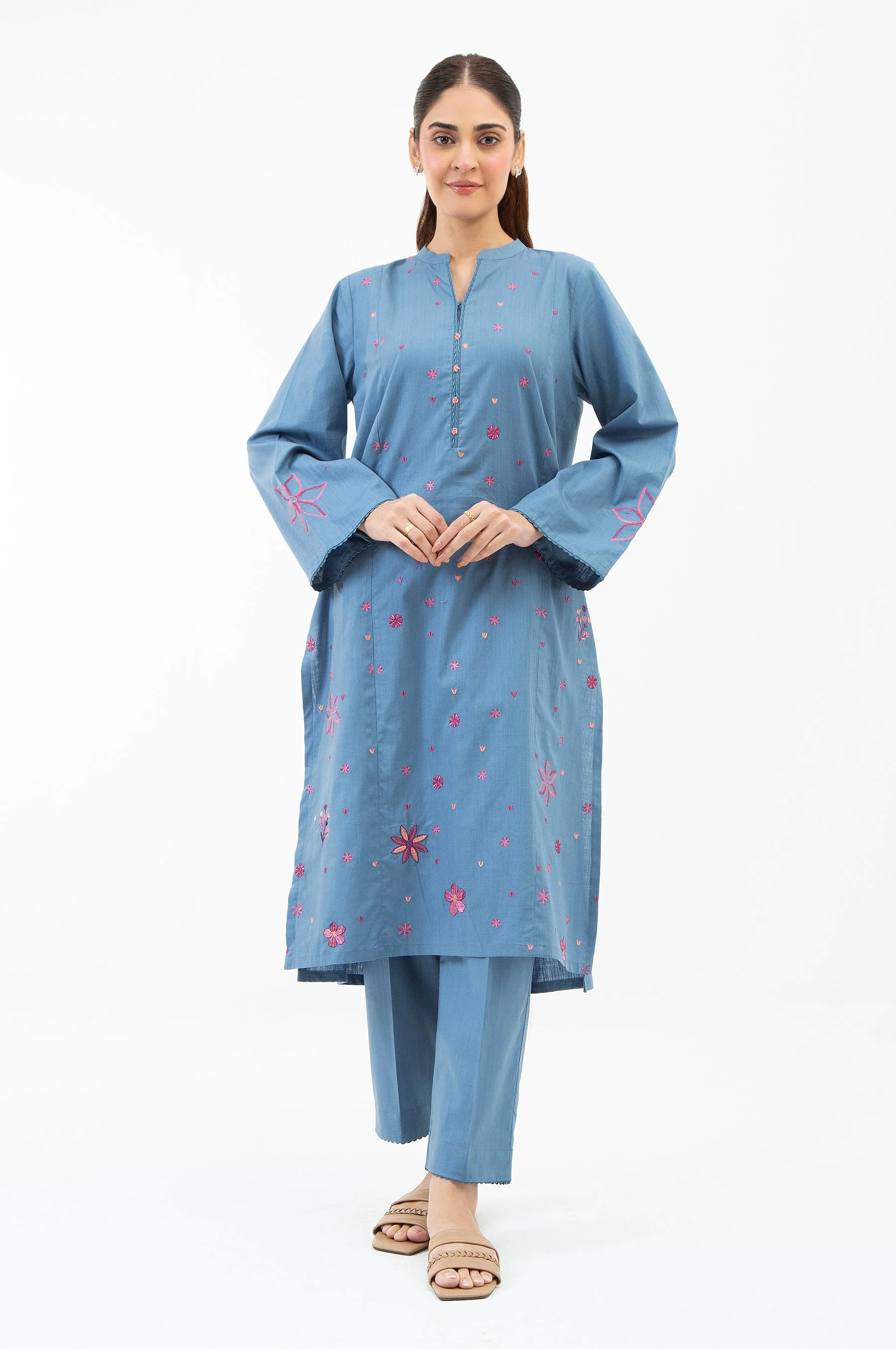 EMBROIDERED COTTON SLUB STITCHED 2 PIECE SUIT (FACTORY E-OUTLET) - Image 2