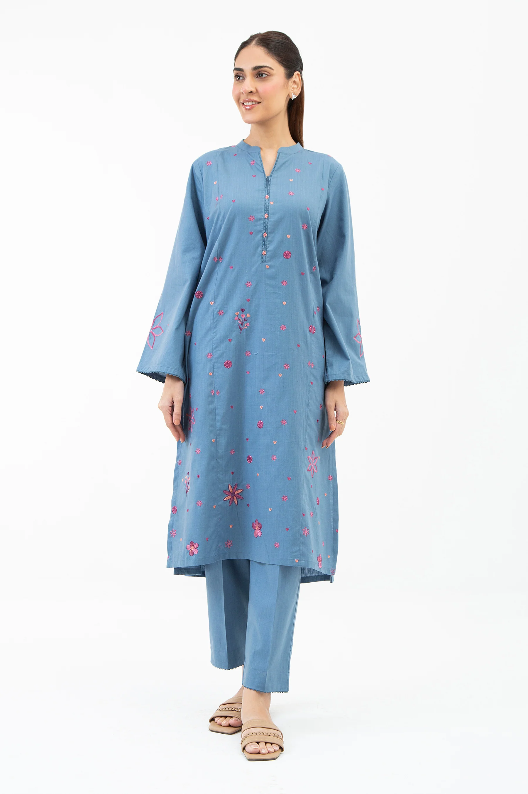EMBROIDERED COTTON SLUB STITCHED 2 PIECE SUIT