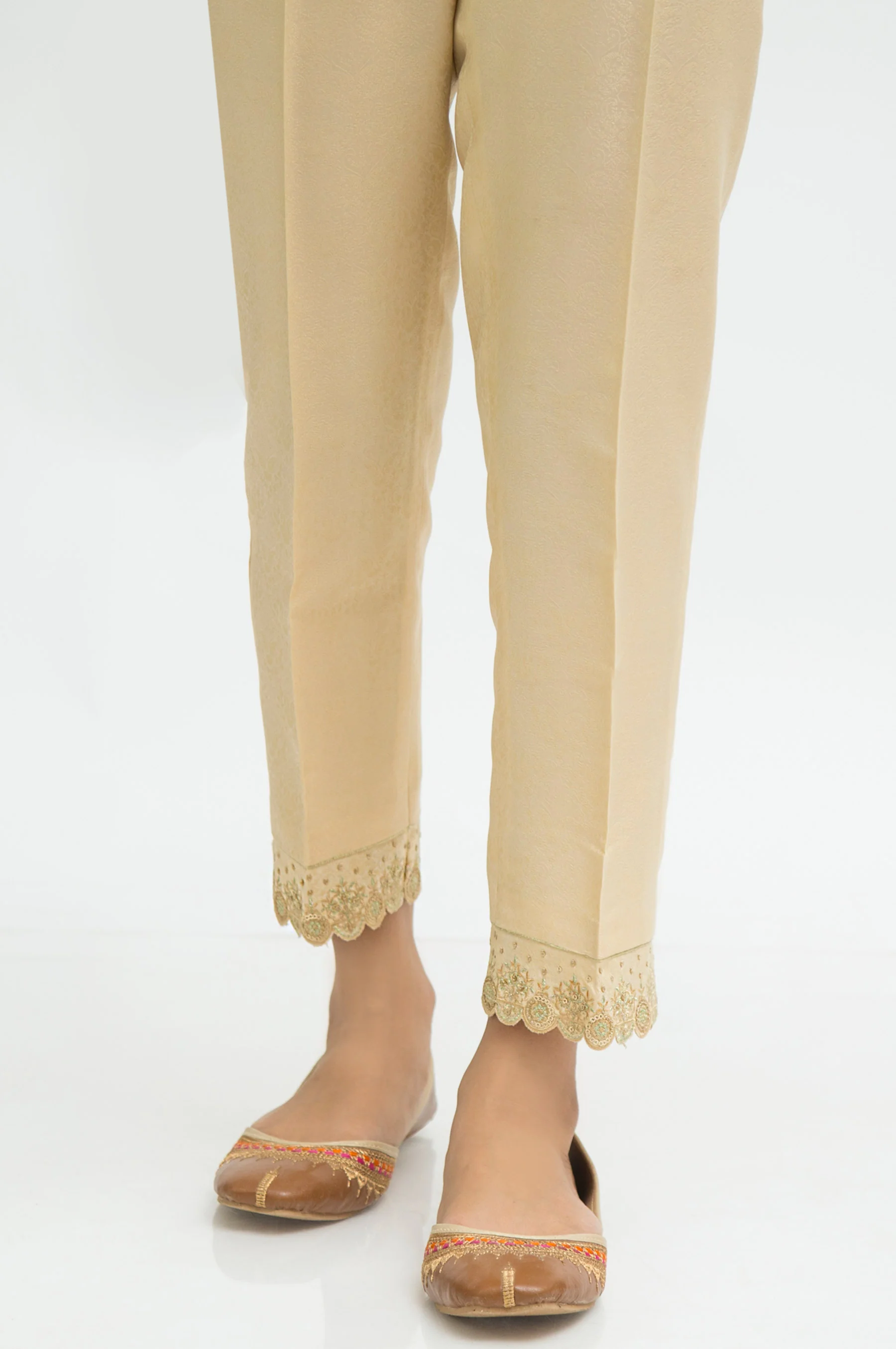 Embroidered Jamawar Cigarette Pants - Light Beige
