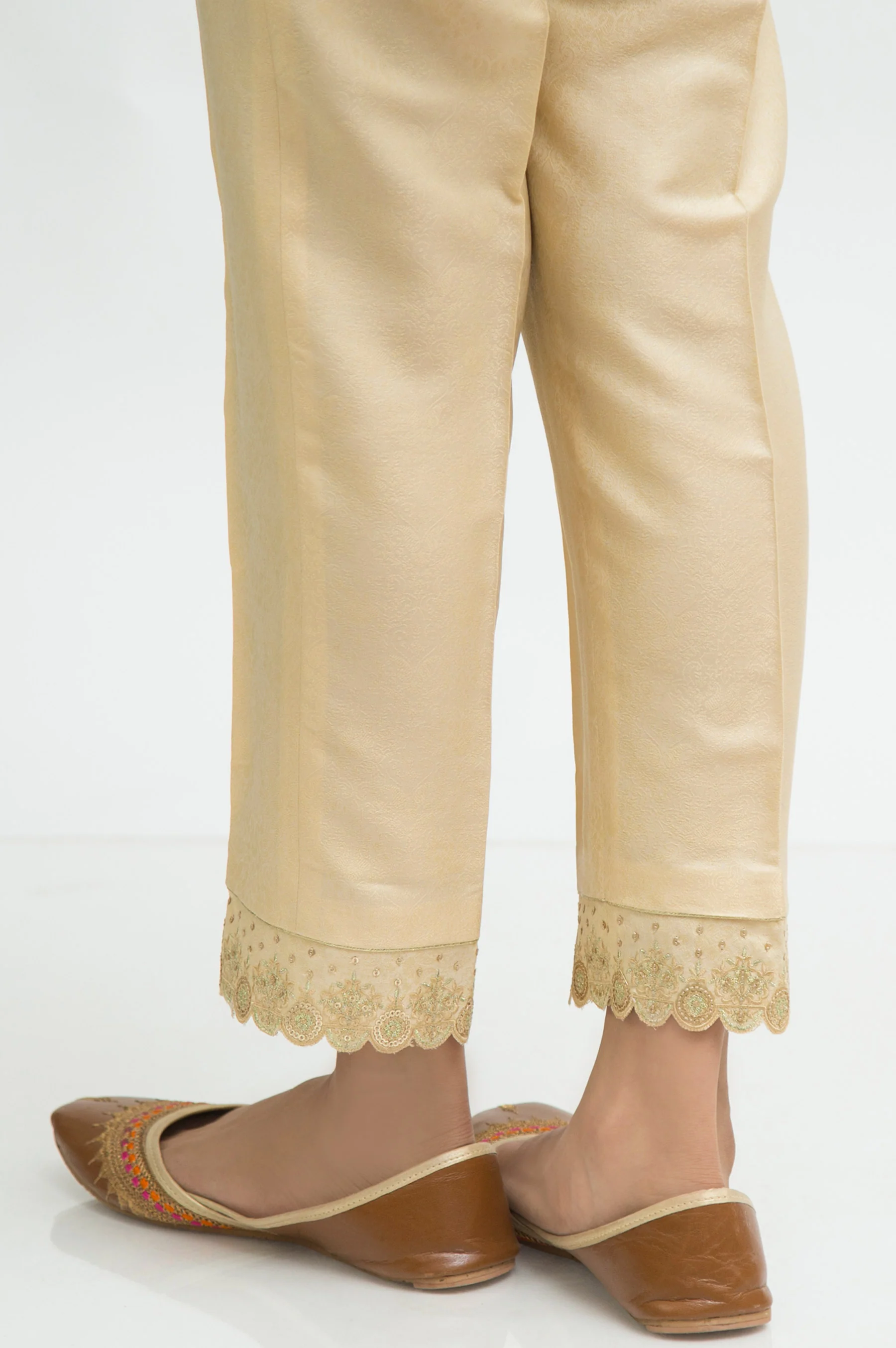 Embroidered Jamawar Cigarette Pants - Light Beige - Image 3