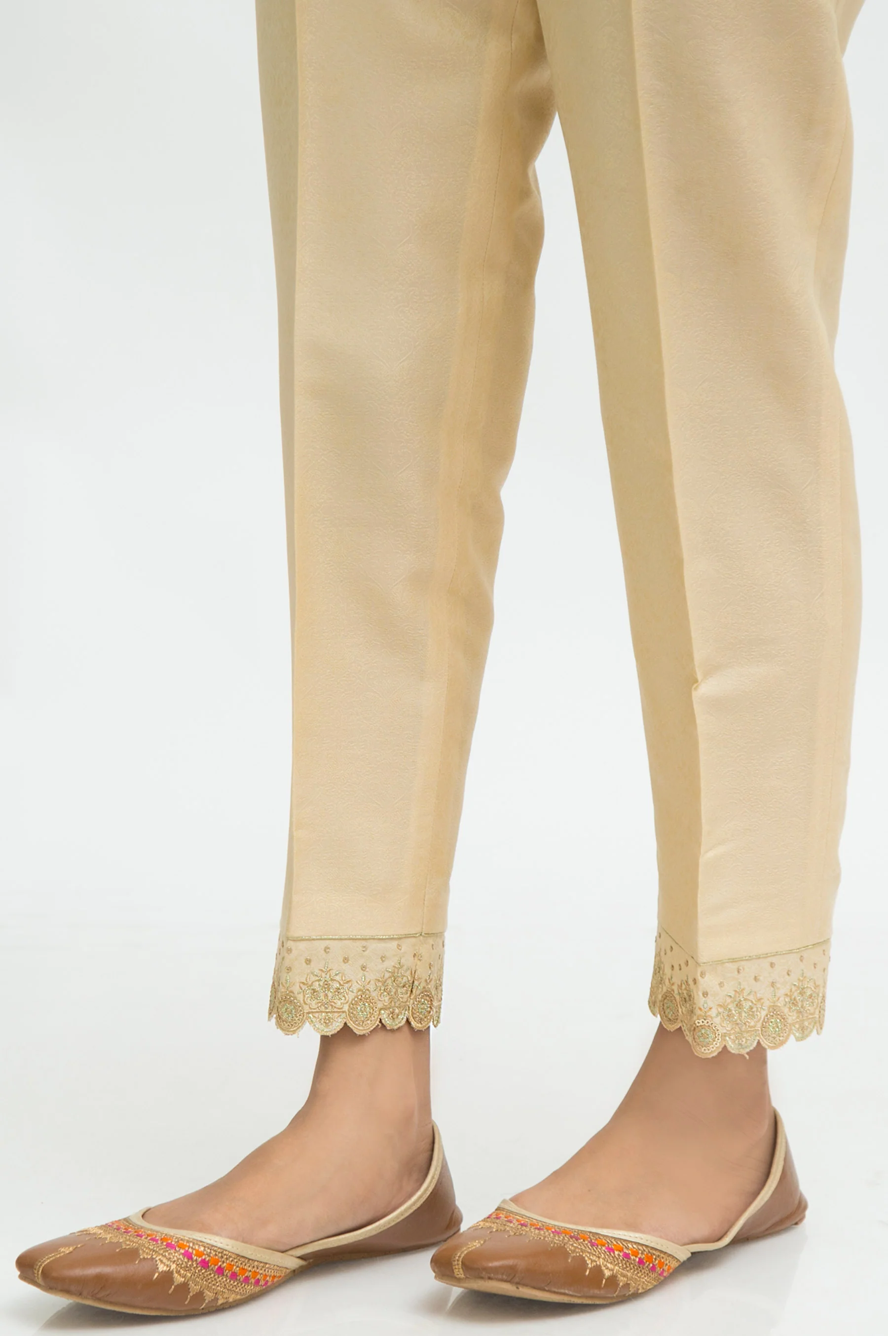 Embroidered Jamawar Cigarette Pants - Light Beige - Image 4