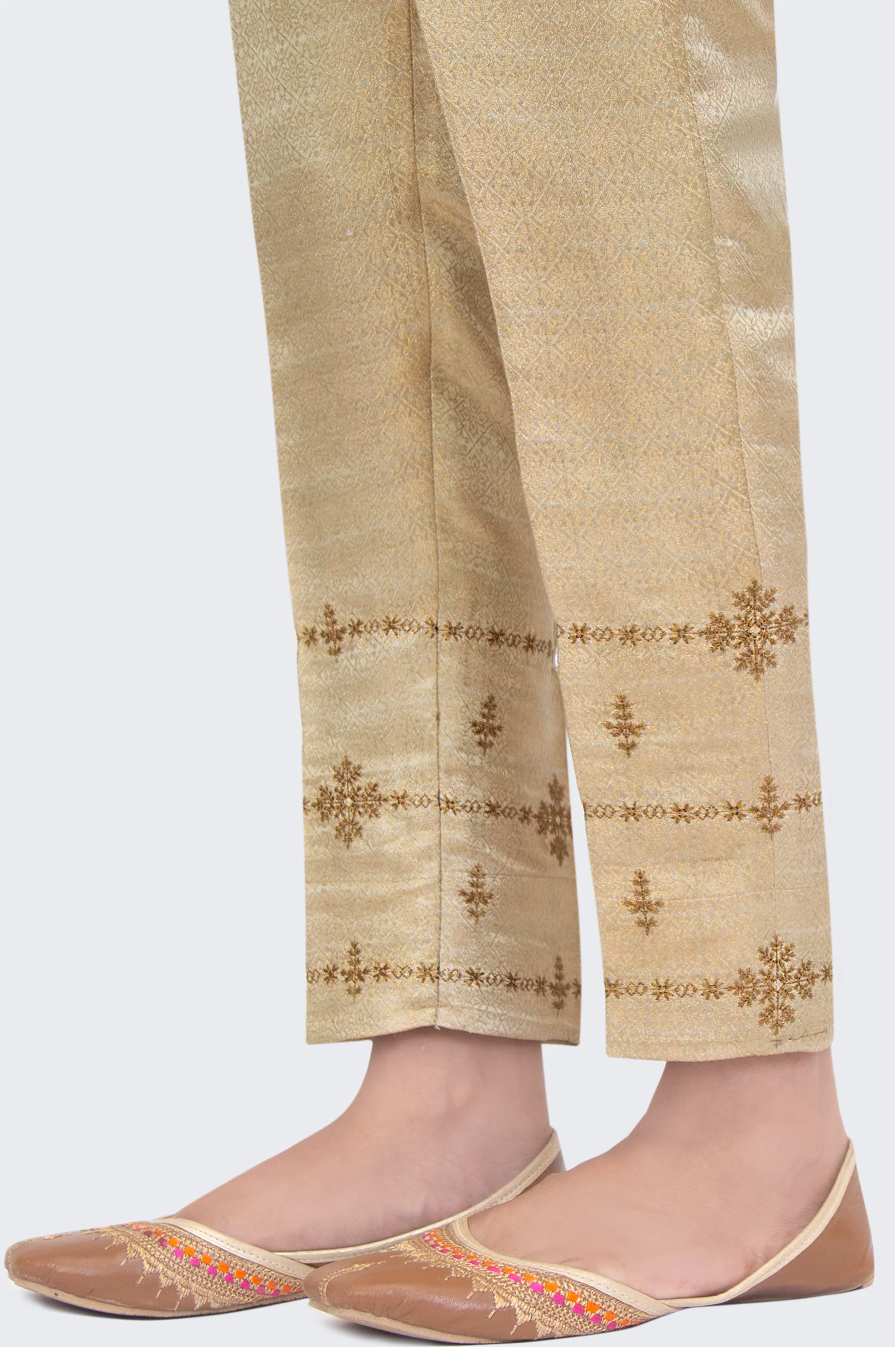 Embroidered Jamawar Cigarette Pants - Golden - Image 3