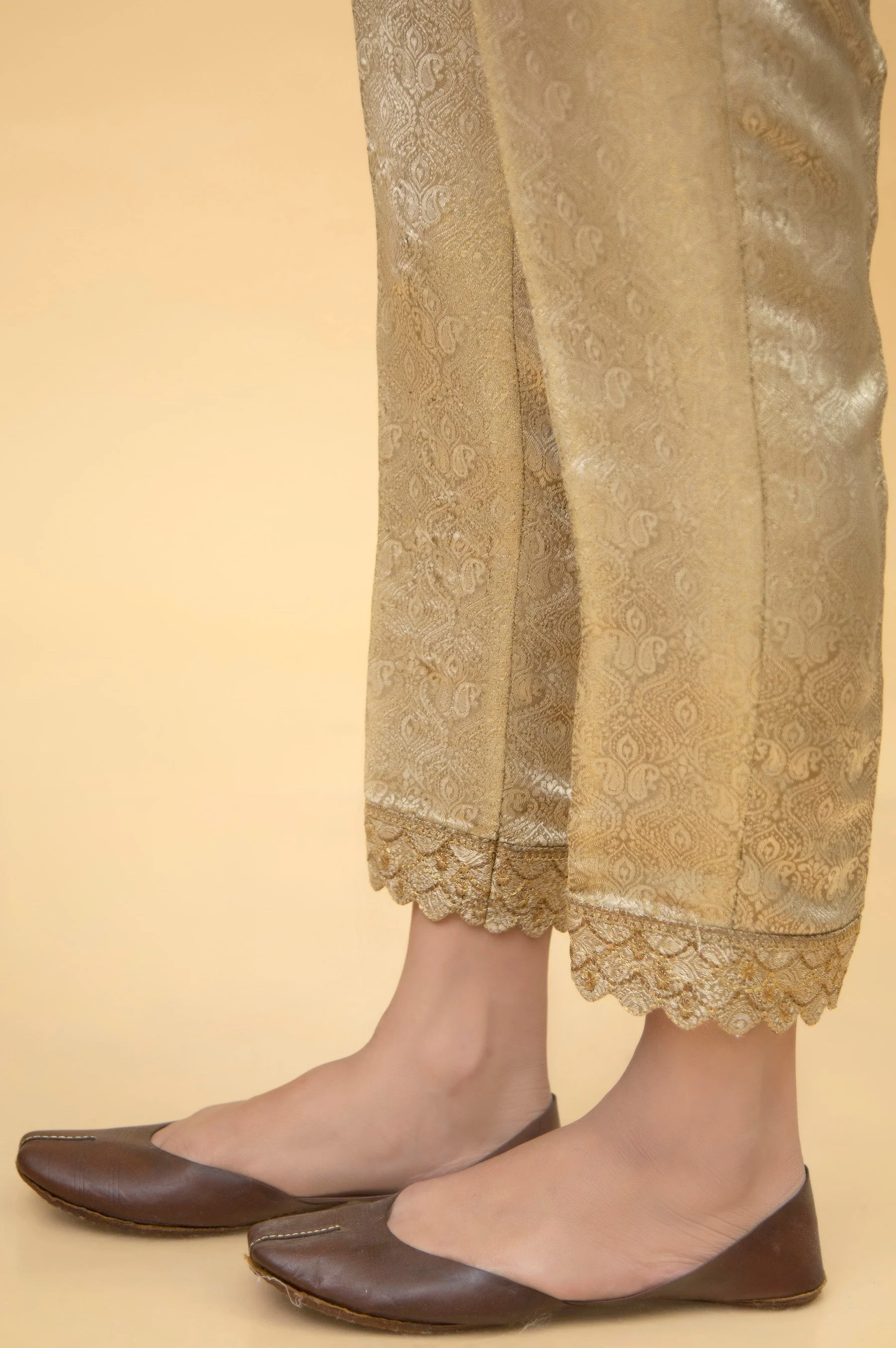 Embroidered Jamawar Cigarette Pants - Gold (FACTORY E-OUTLET) - Image 2