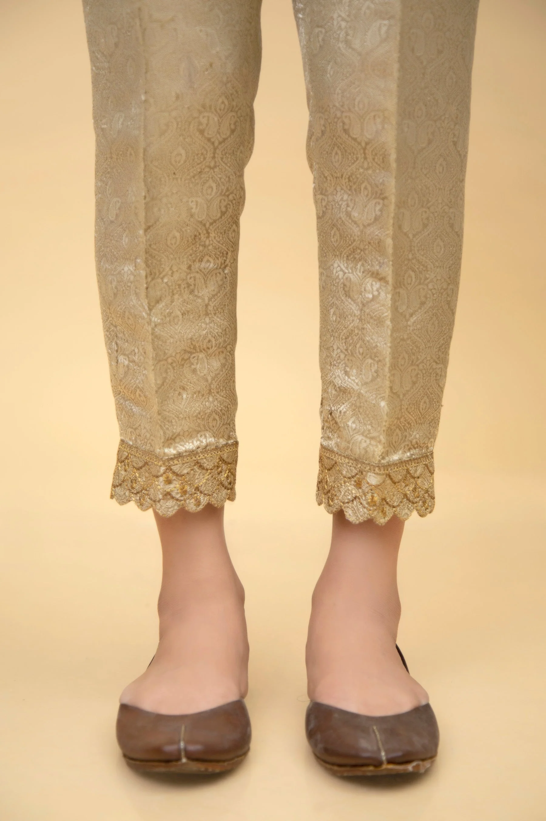 Embroidered Jamawar Cigarette Pants - Gold (FACTORY E-OUTLET) - Image 3