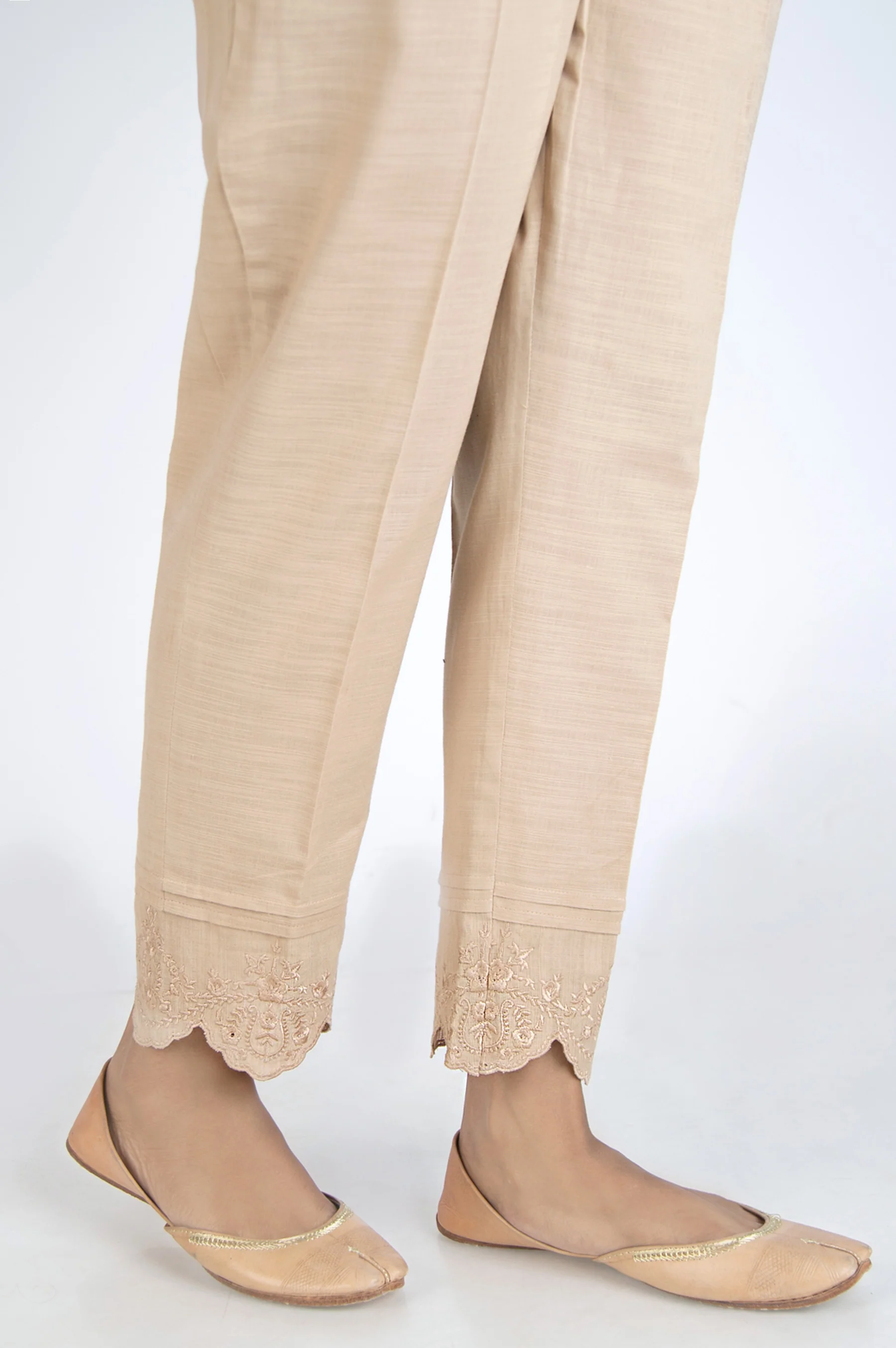 Embroidered Khaddar Cigarette Pants - Beige - Image 2