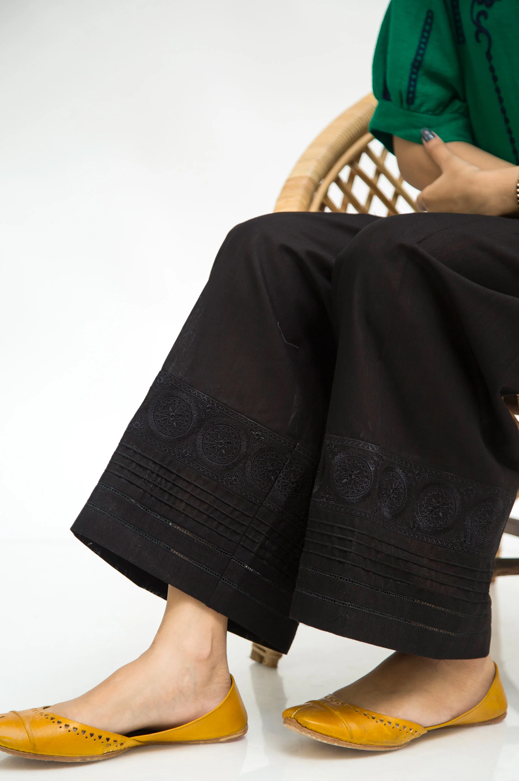 Embroidered Khaddar Culottes - Black - Image 2