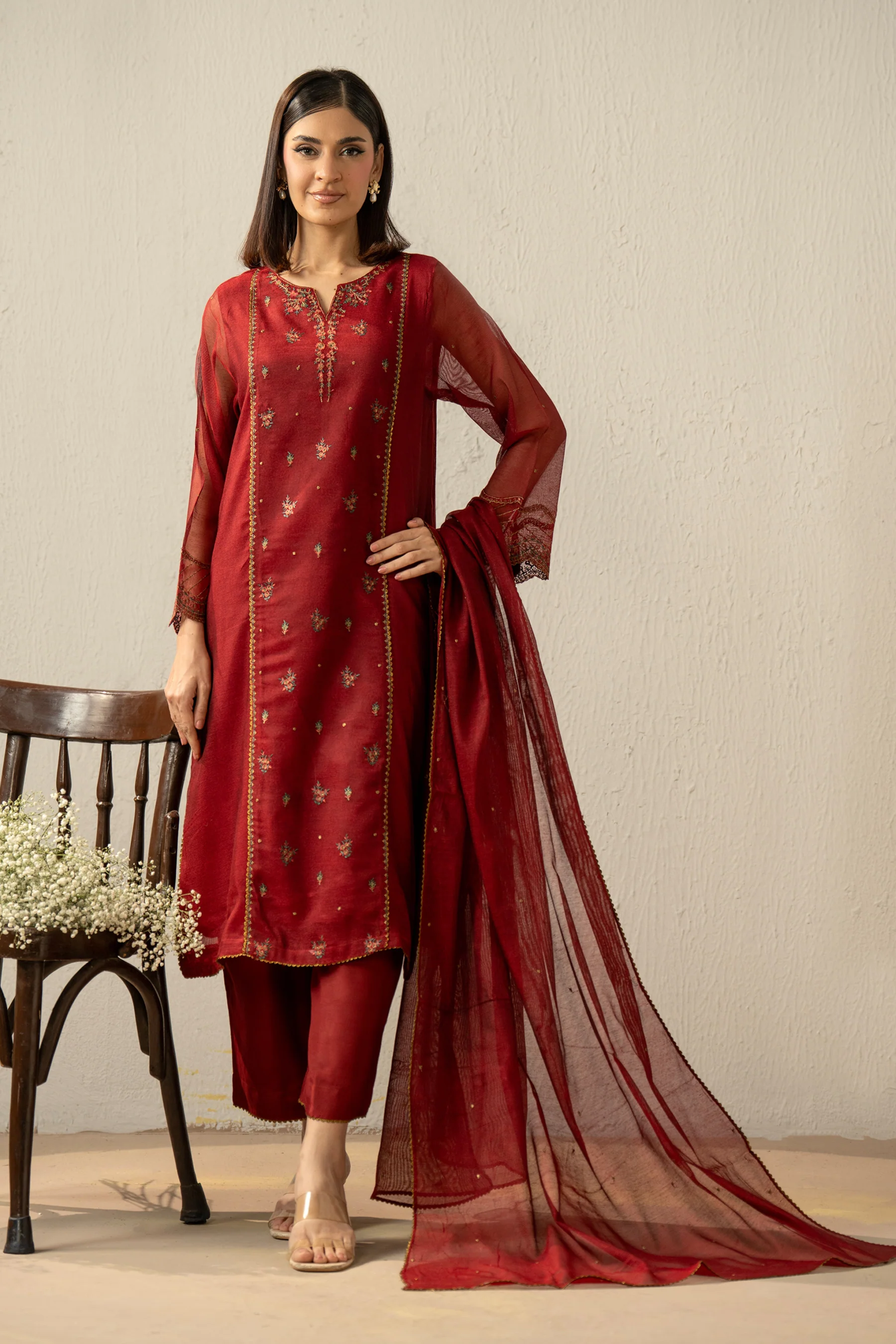 EMBROIDERED KHAADI NET STITCHED 3 PIECE SUIT - Image 5