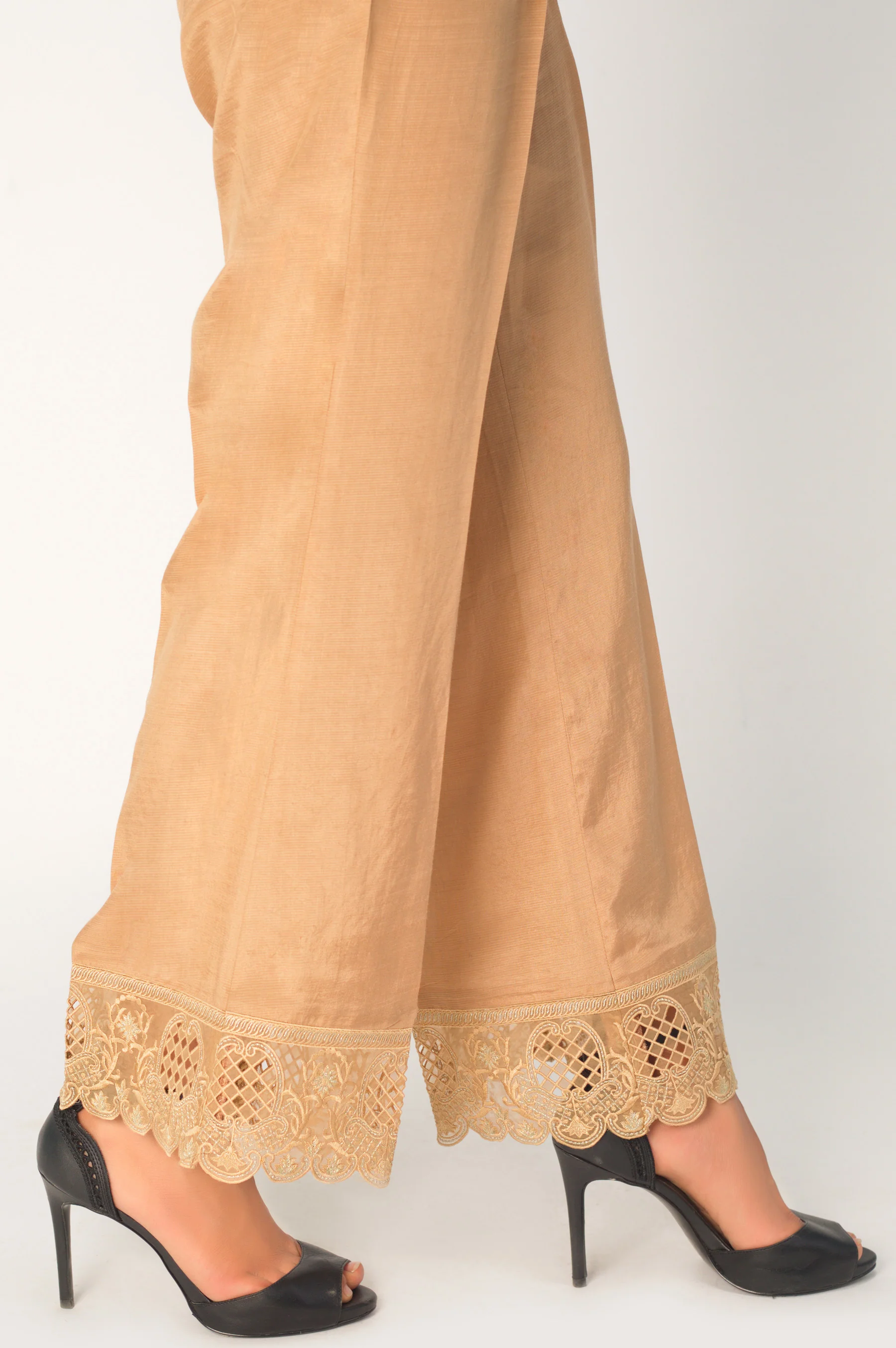Embroidered Raw Silk Palazzo Pants - Beige - Image 2