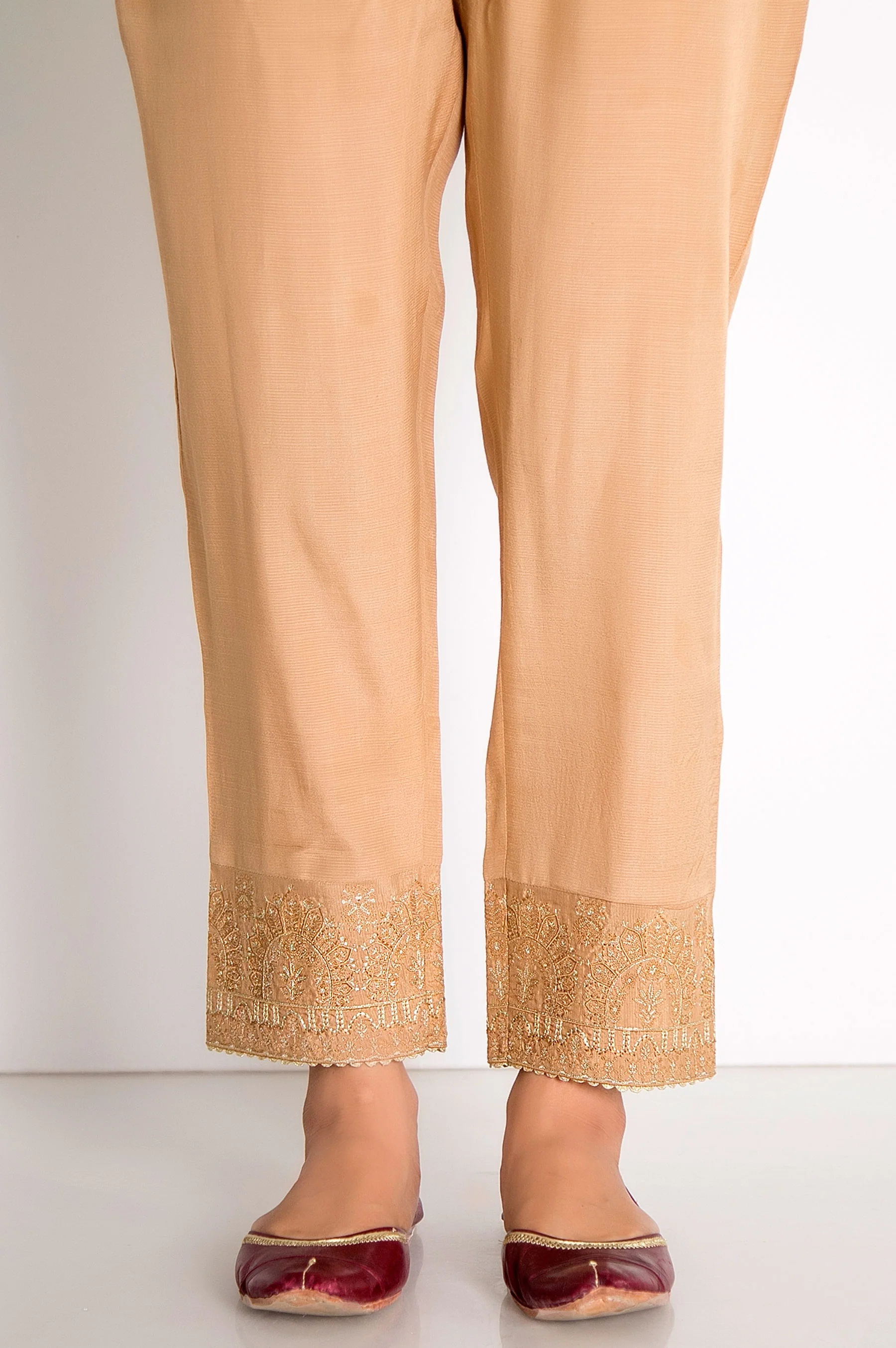 Embroidered Raw Silk Cigarette Pants - Beige