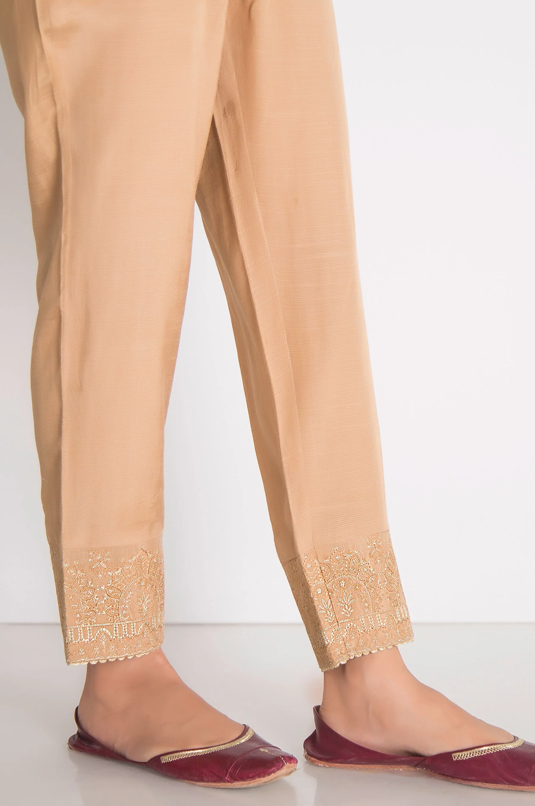 Embroidered Raw Silk Cigarette Pants - Beige - Image 3