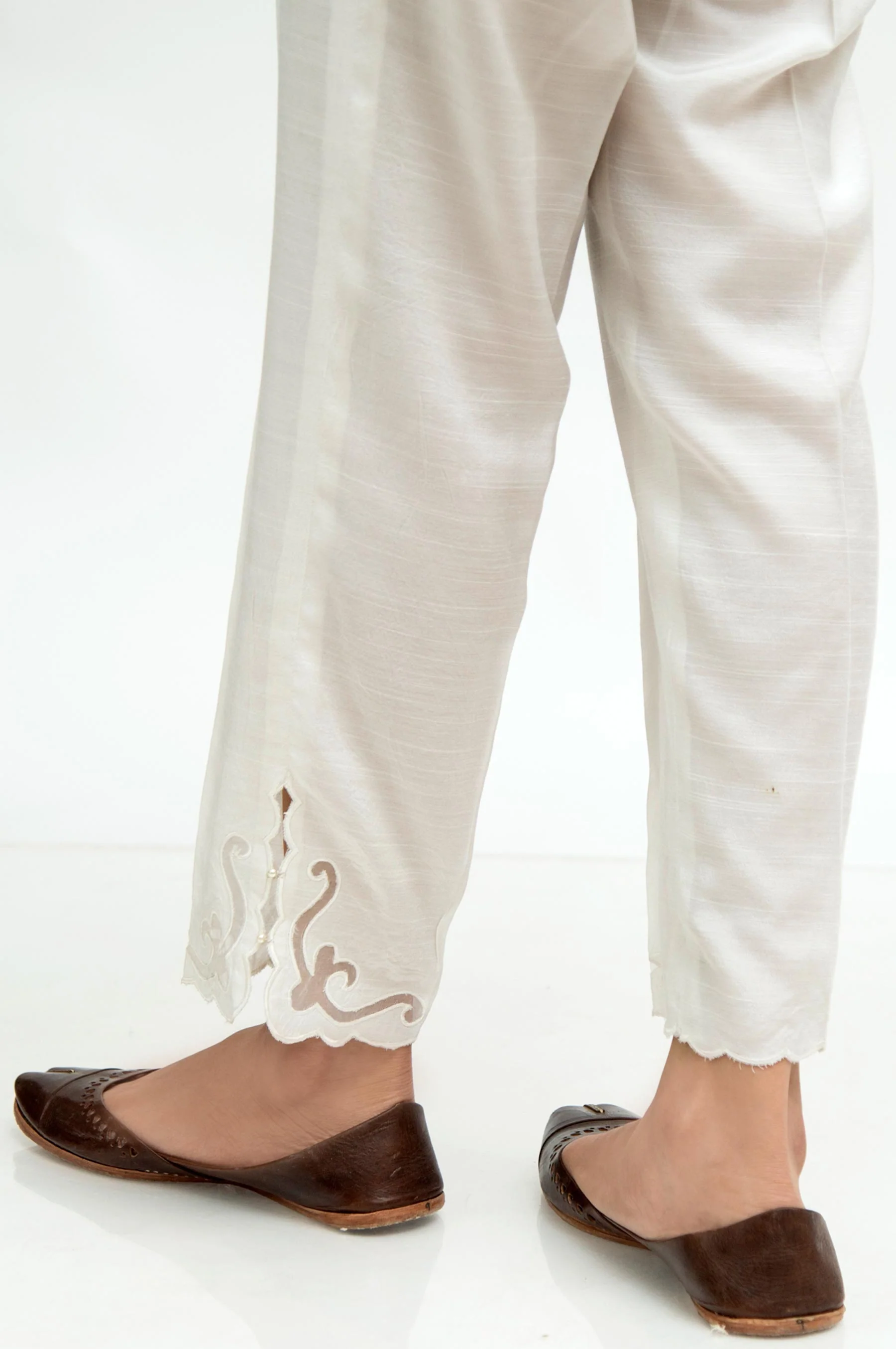 Embroidered Raw Silk Cigarette Pants - Pearl white - Image 2
