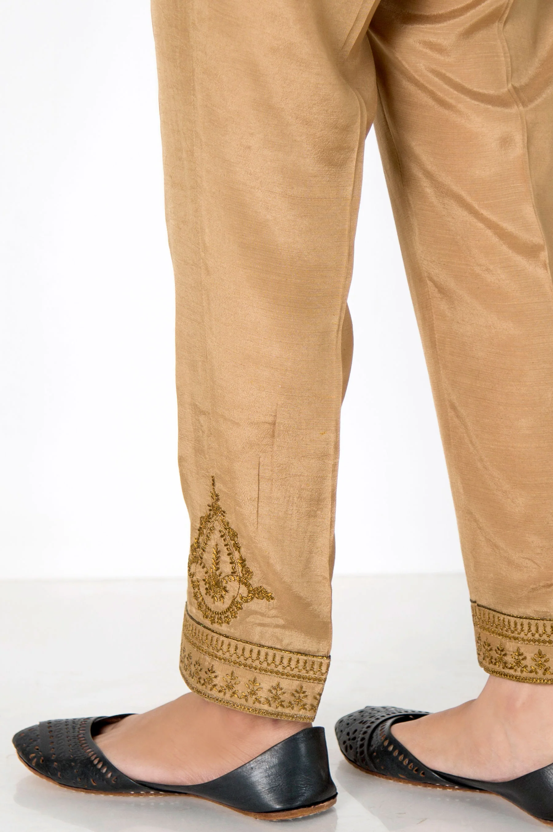 Embroidered Raw Silk Pants - Copper - Image 3