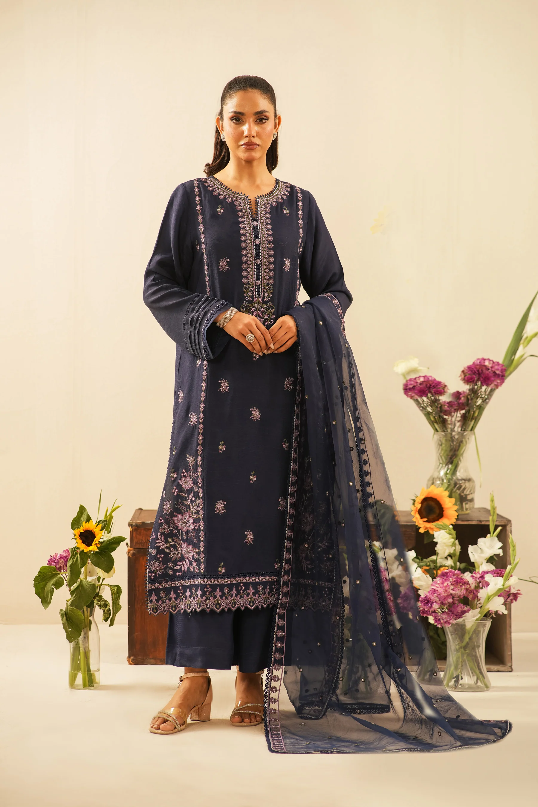 EMBROIDERED RAW SILK UNSTITCHED 3 PIECE SUIT - Image 3