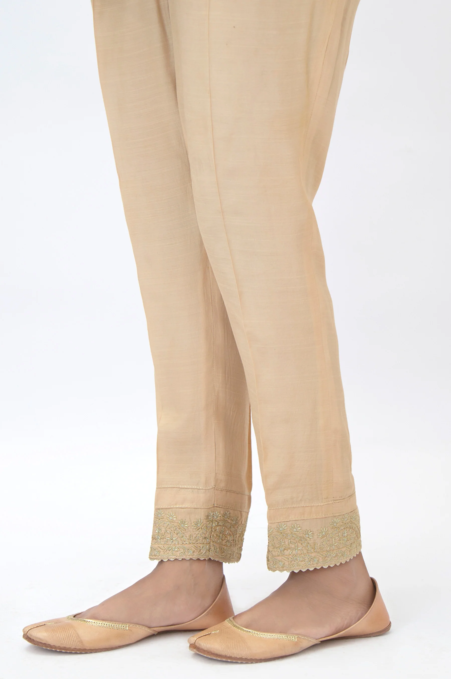 Embroidered Raw Silk Cigarette Pants - Gold - Image 3