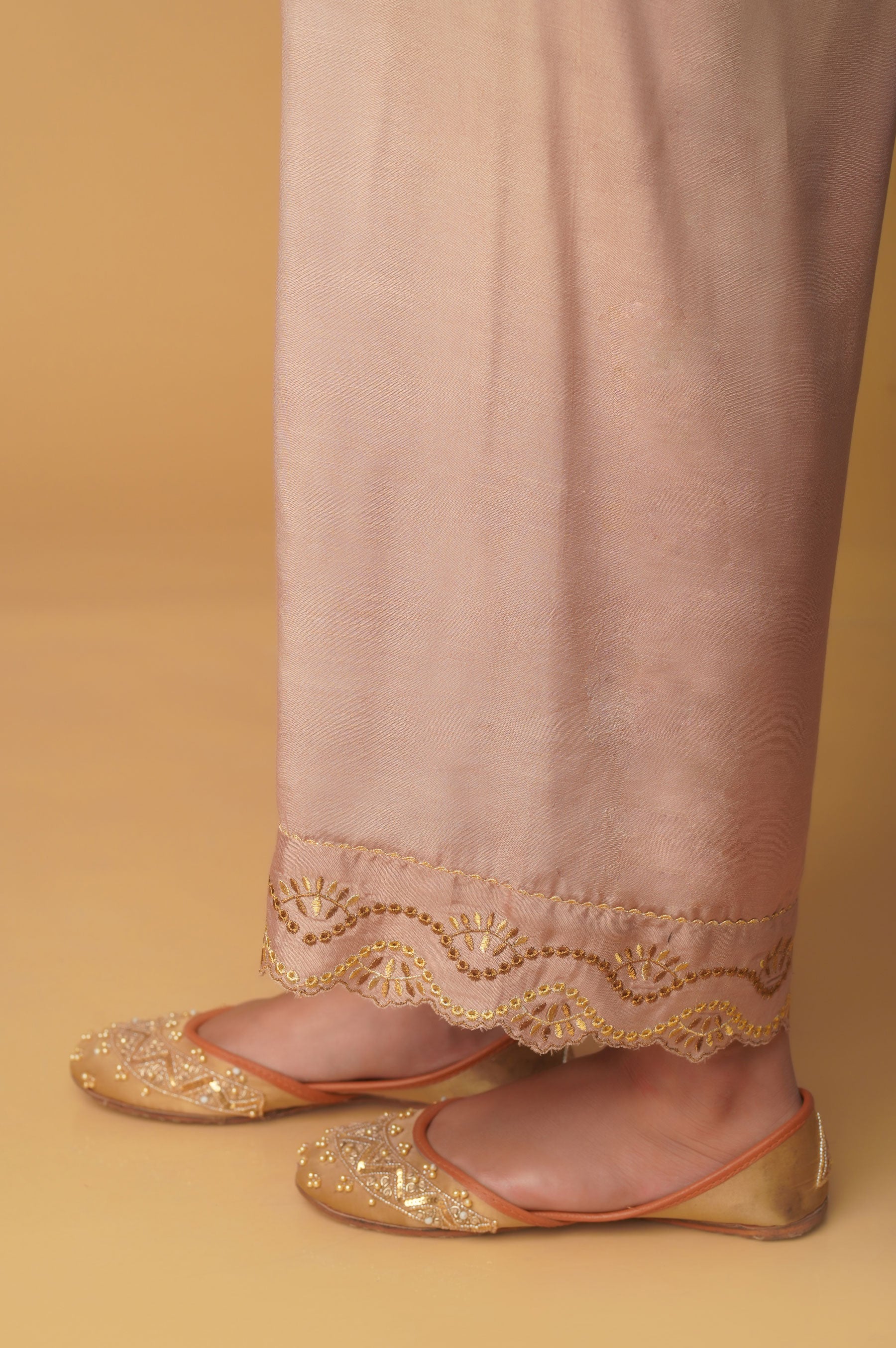 Embroidered Rawsilk Cigarette Pants - Gold - Image 2
