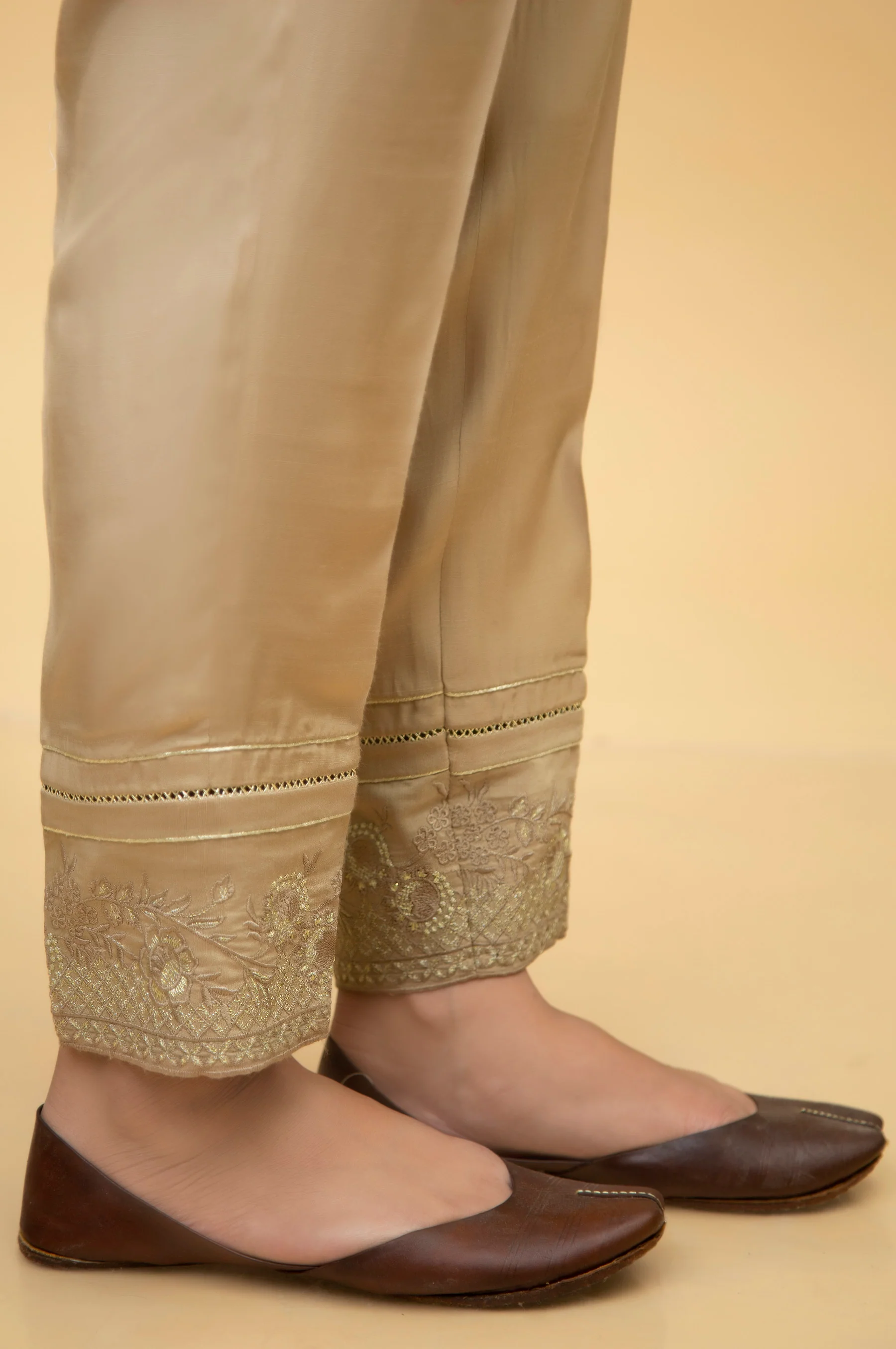 Embroidered Rawsilk Cigarette Pants - Gold - Image 2