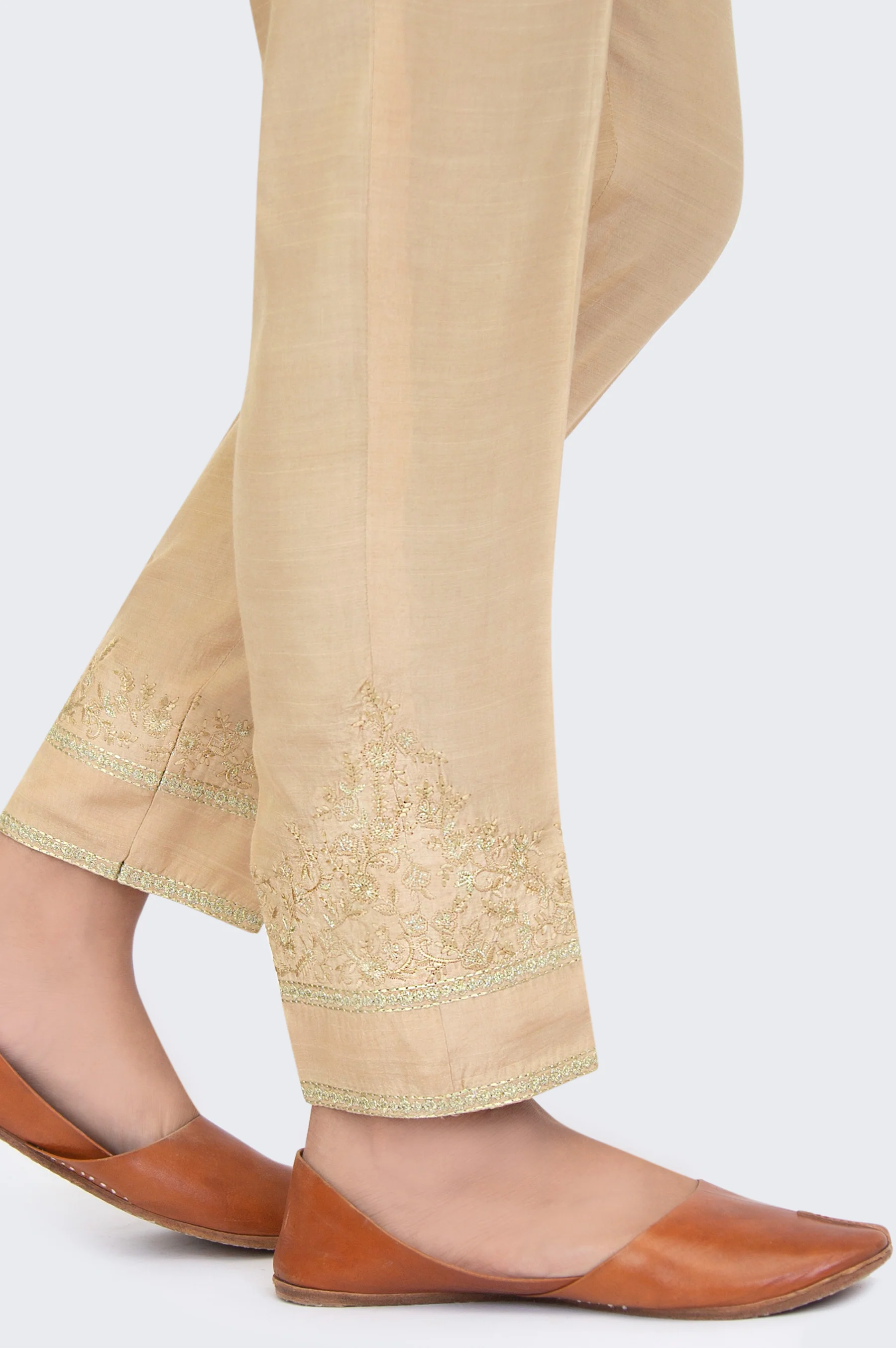 Embroidered Raw Silk Cigarette Pants - Parmezan Gold - Image 2