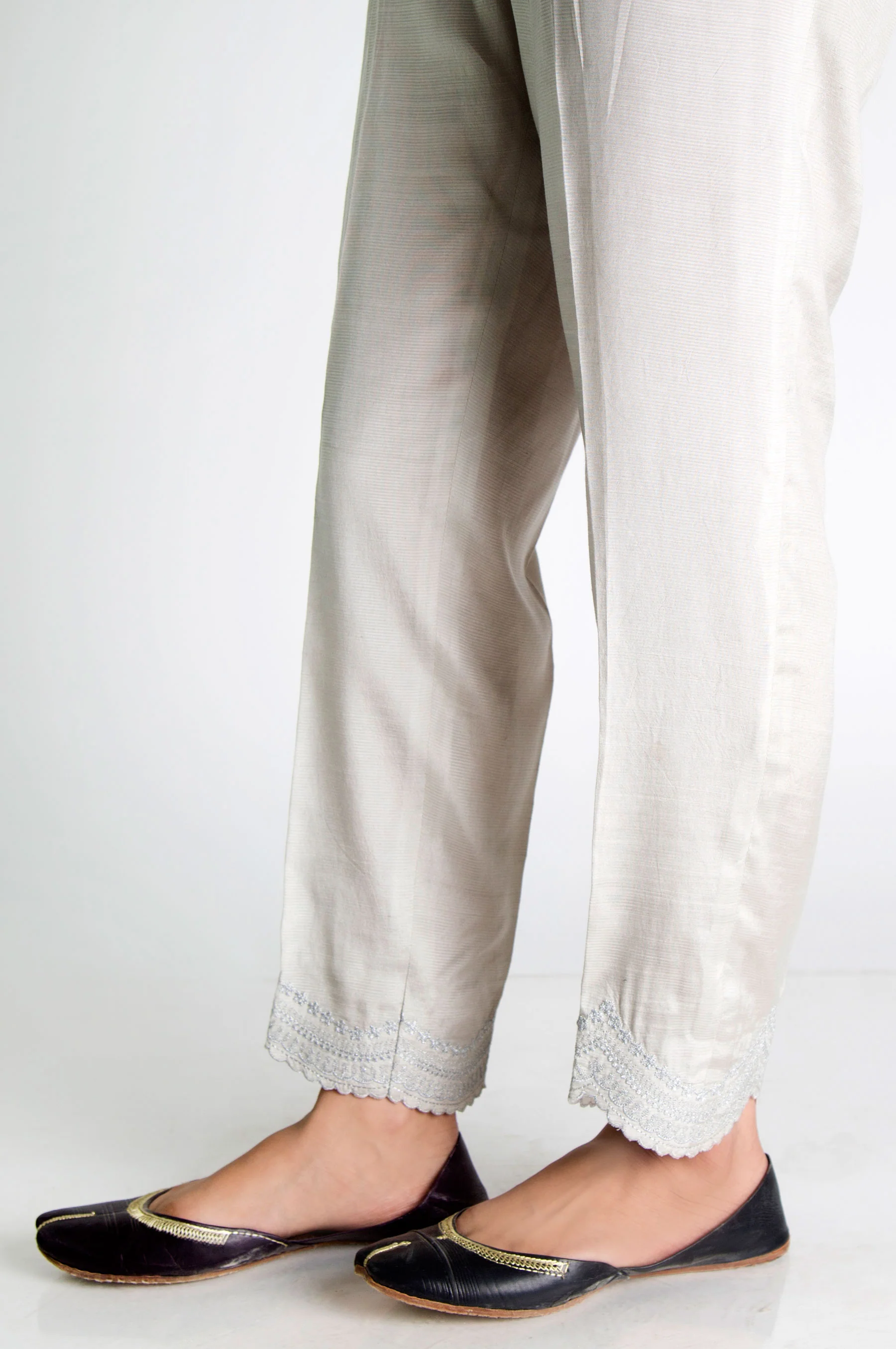 Embroidered Rawsilk Pants  - Silver Grey - Image 2