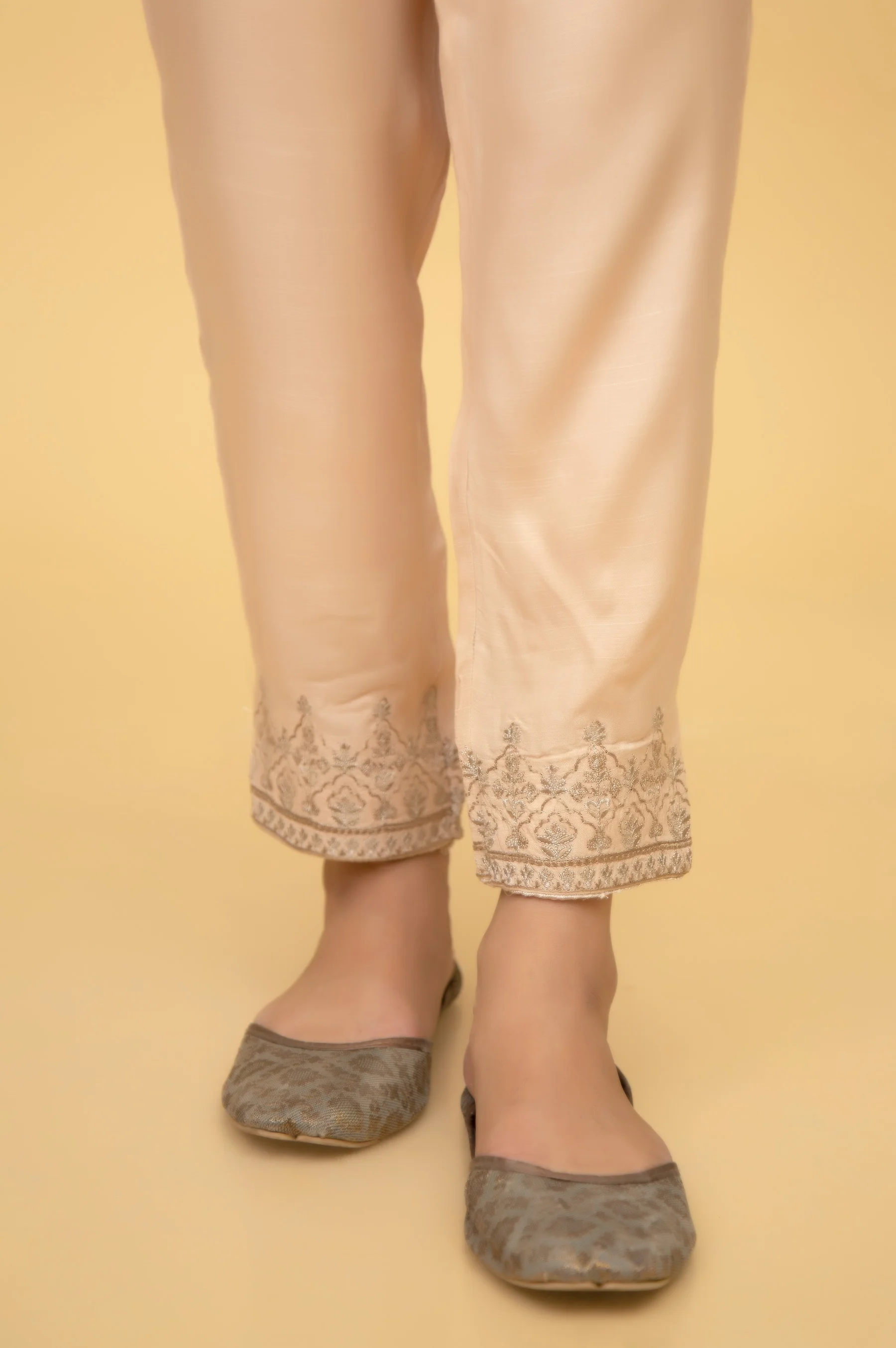 Embroidered Rawsilk Pants - Beige - Image 2