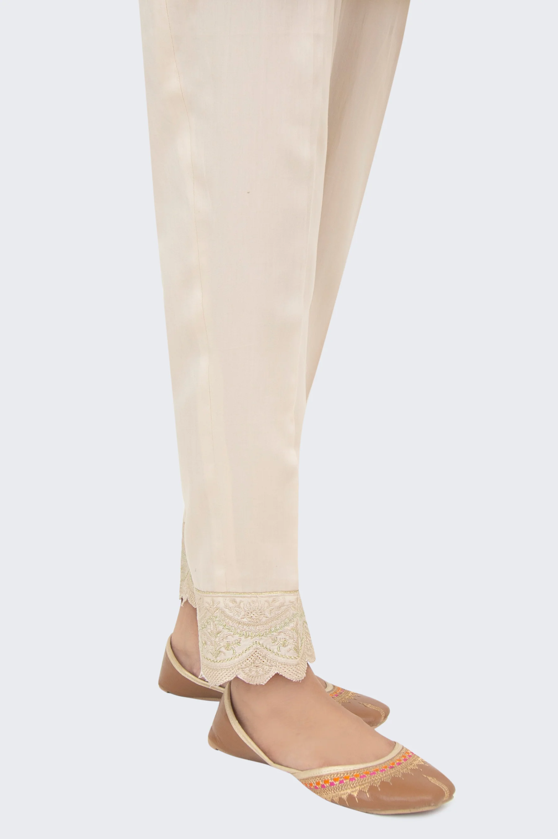 Embroidered Cotton Satin Cigarette Pants - Beige - Image 2