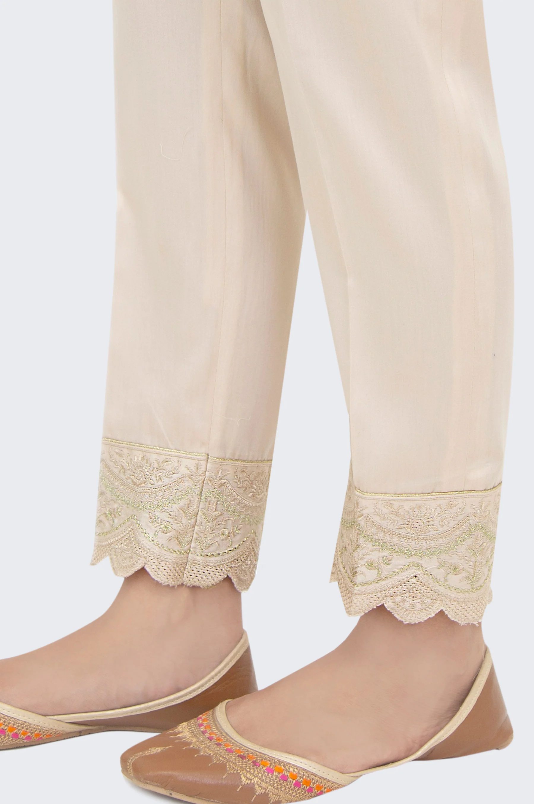 Embroidered Cotton Satin Cigarette Pants - Beige - Image 3