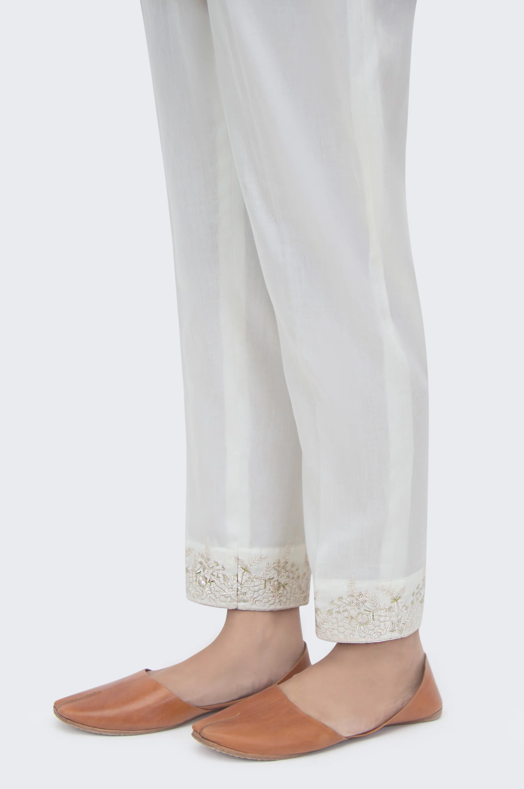 Embroidered Cotton Satin Cigarette Pants - Off White - Image 3