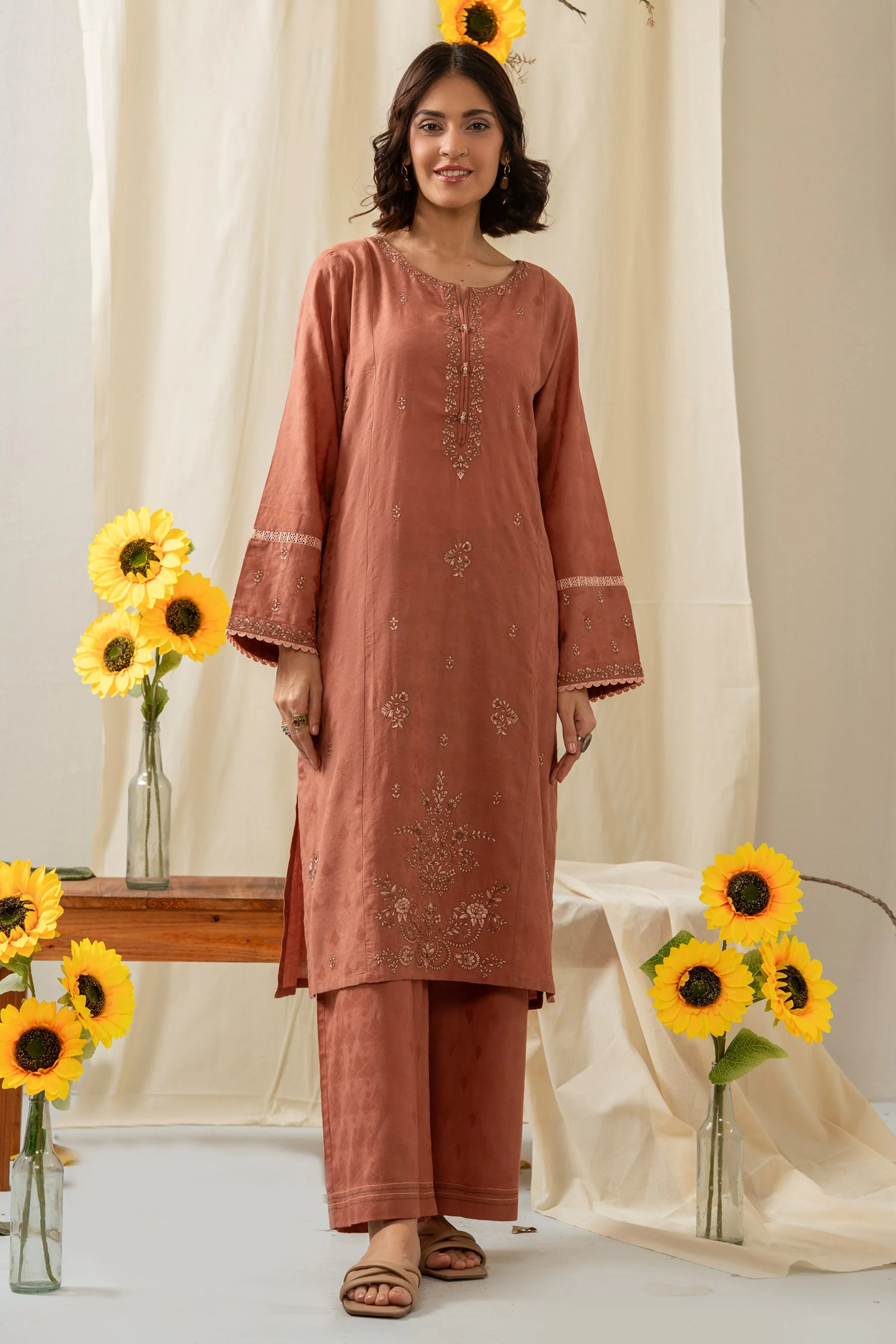 STITCHED EMBROIDERED SELF JACQUARD 2 PIECE SUIT (FACTORY E-OUTLET)