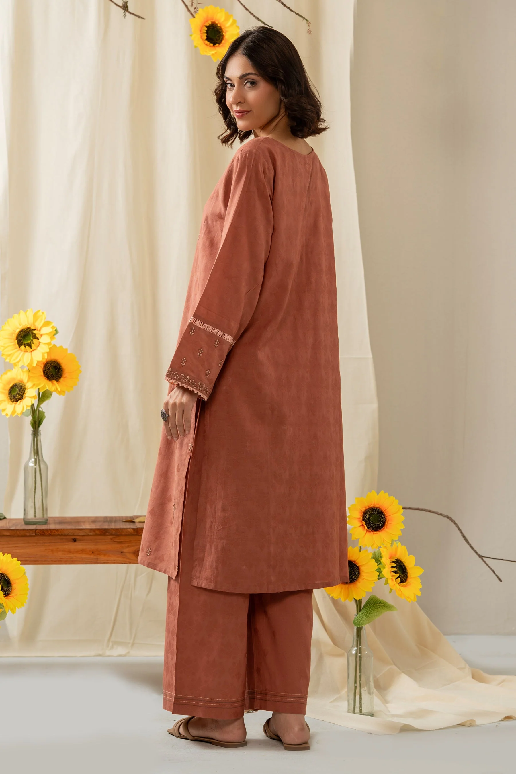 STITCHED EMBROIDERED SELF JACQUARD 2 PIECE SUIT (FACTORY E-OUTLET) - Image 2
