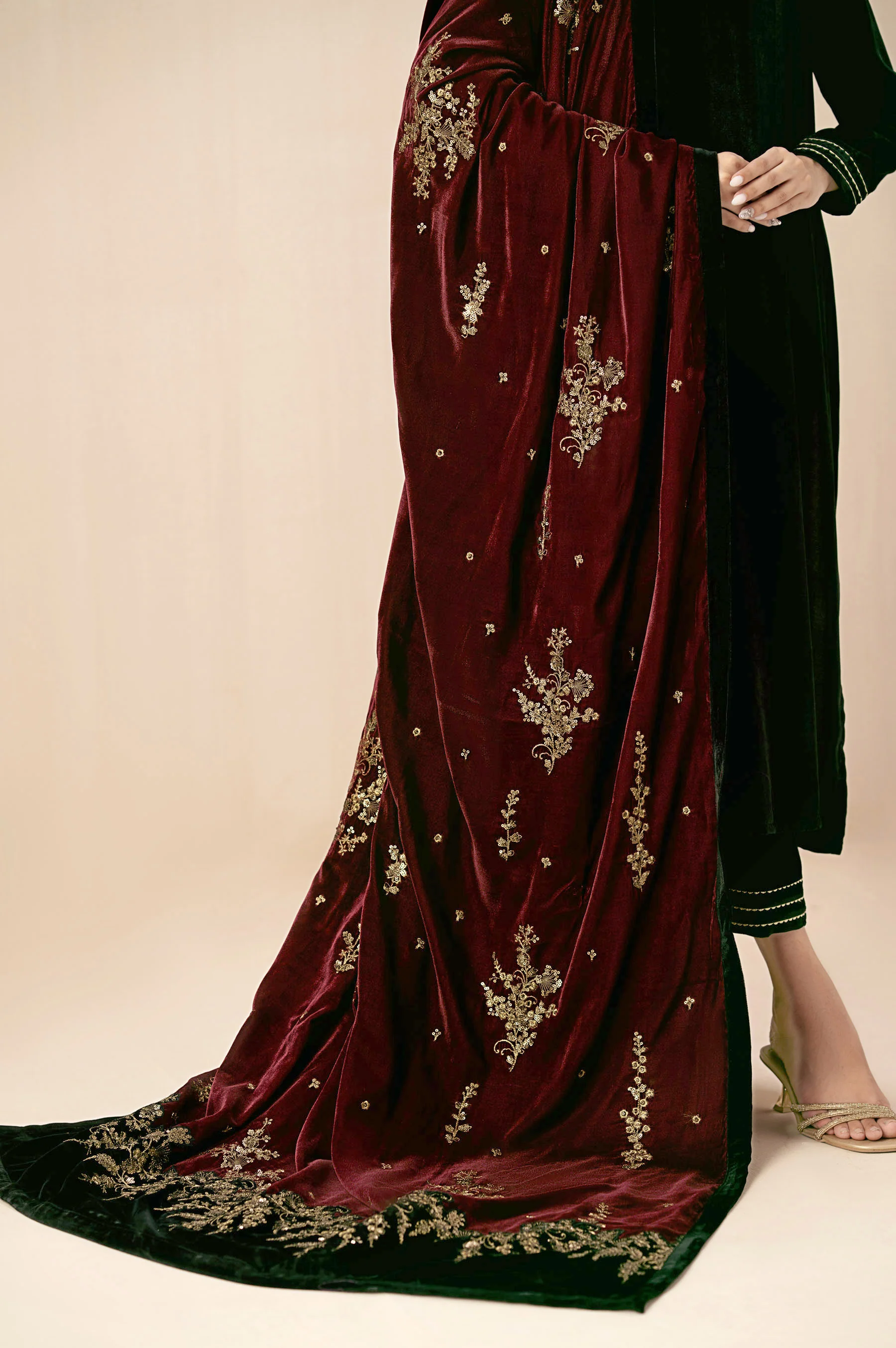 Embroidered Velvet Shawl - Mahogany - Image 2