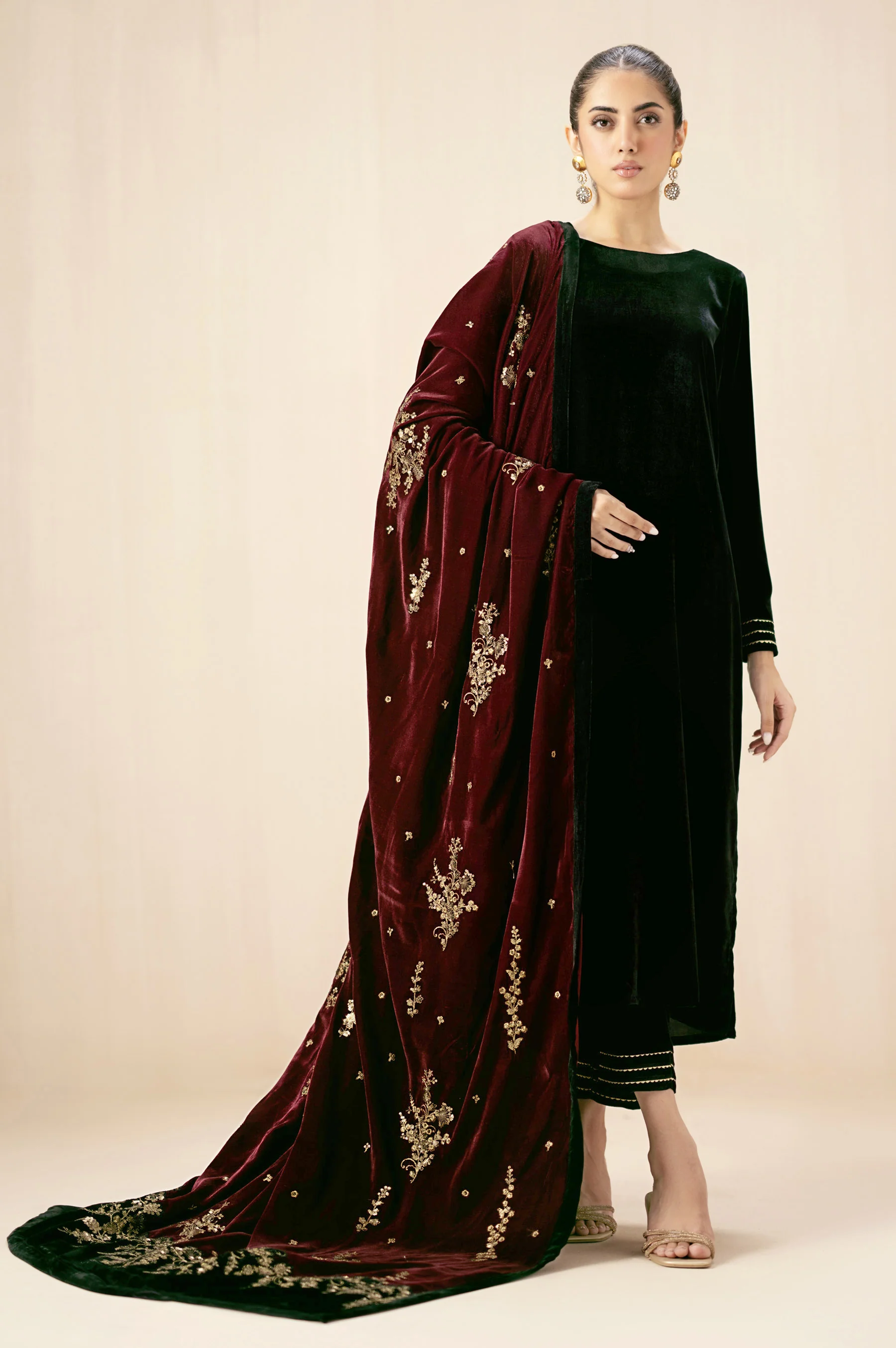 Embroidered Velvet Shawl - Mahogany - Image 3