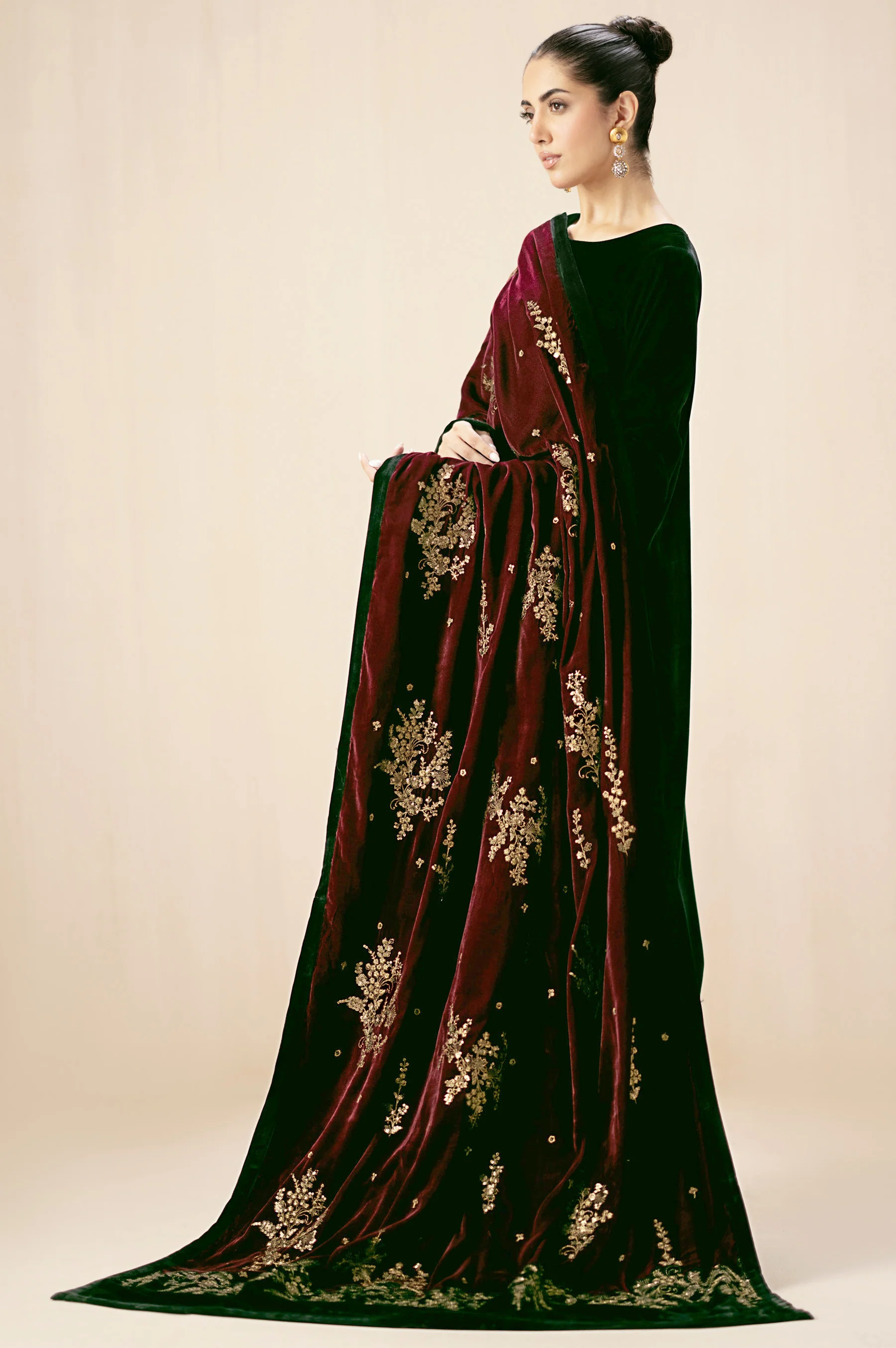Embroidered Velvet Shawl - Mahogany - Image 4