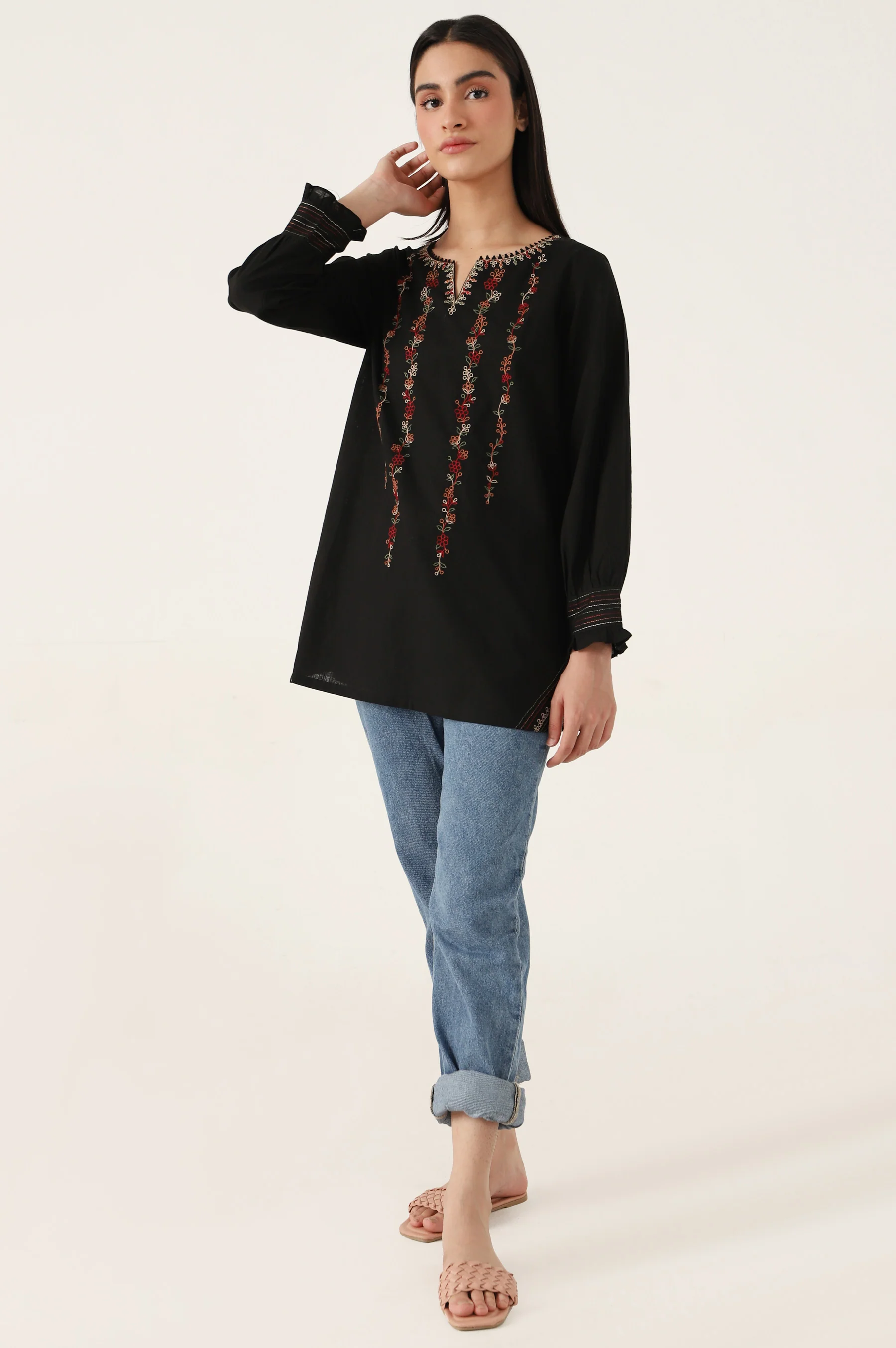 Stitched 1 Piece Embroidered Cotton Slub Top - Image 2