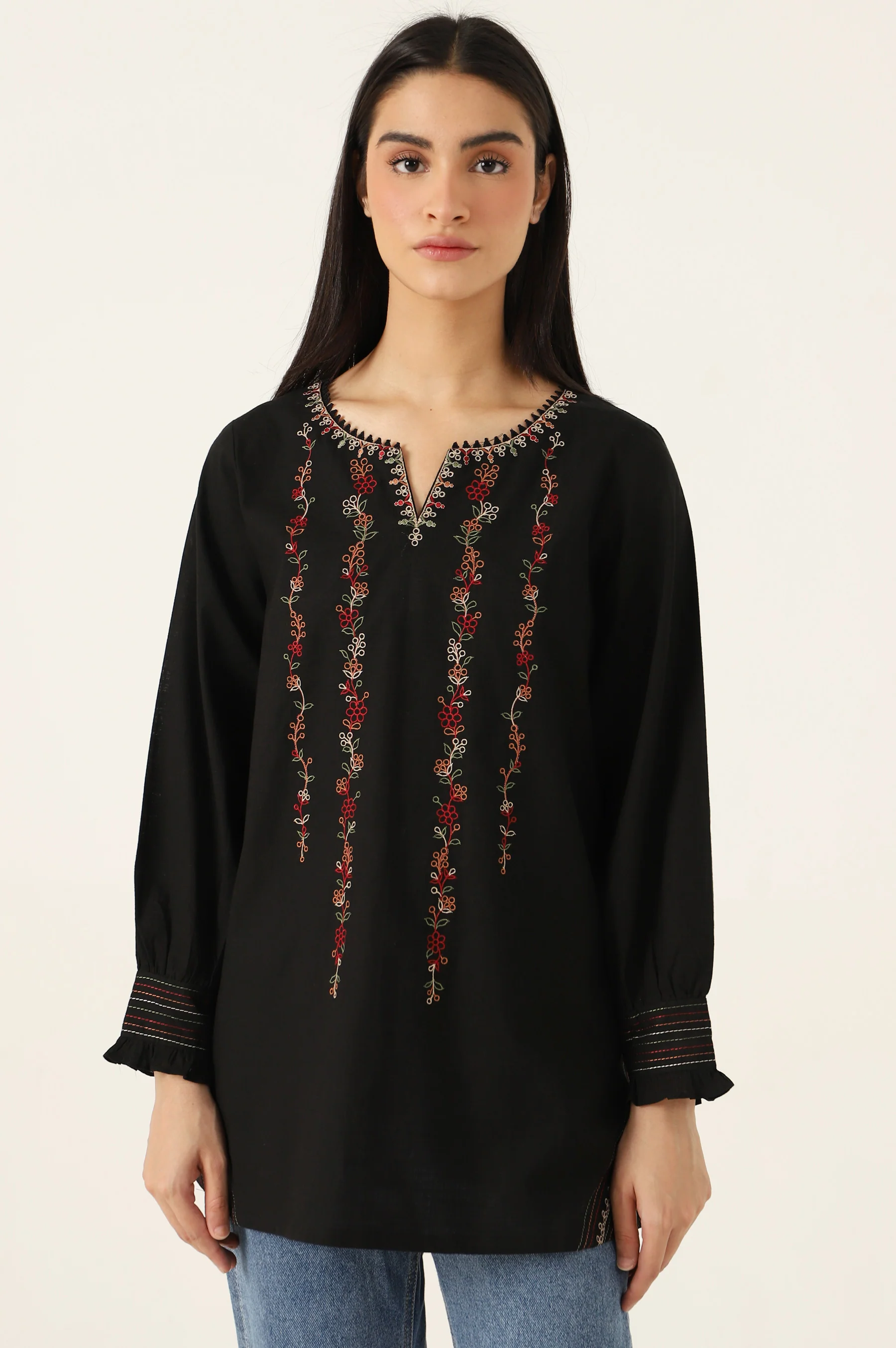 Stitched 1 Piece Embroidered Cotton Slub Top - Image 3