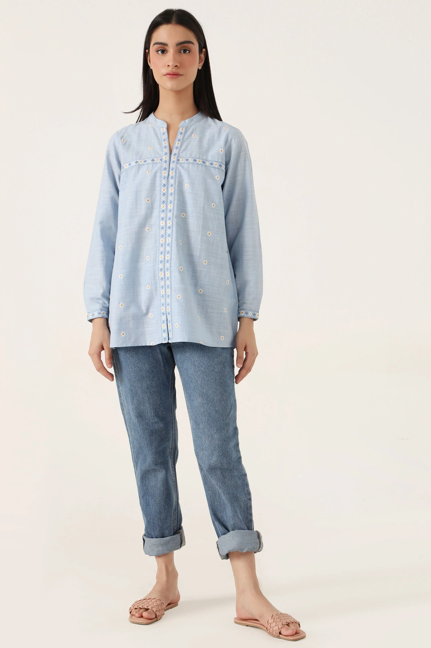 Stitched 1 Piece Embroidered Cotton Slub Top - Image 2