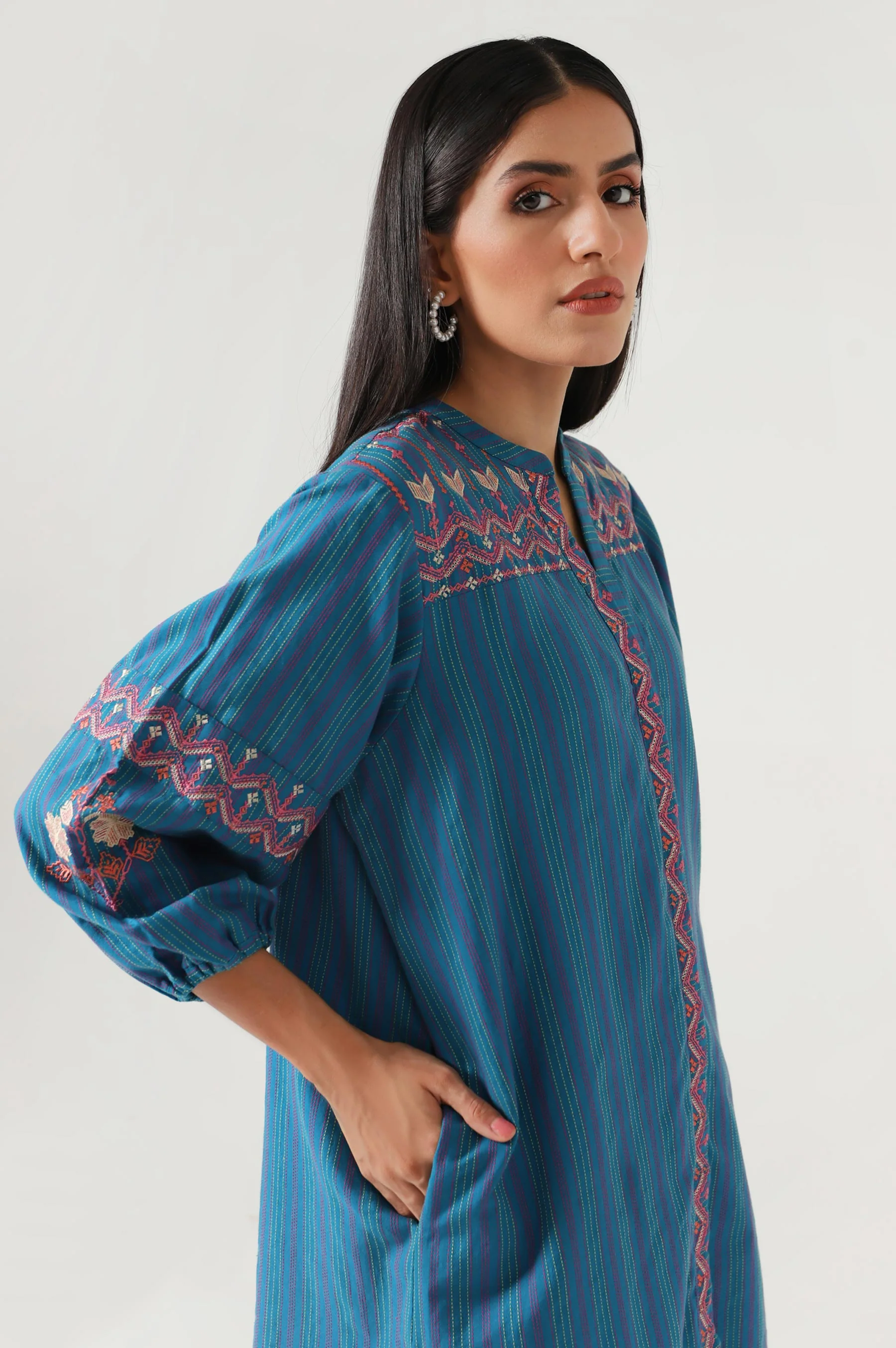 Stitched 1 Piece Embroidered Yarn Dyed Shirt - Image 3