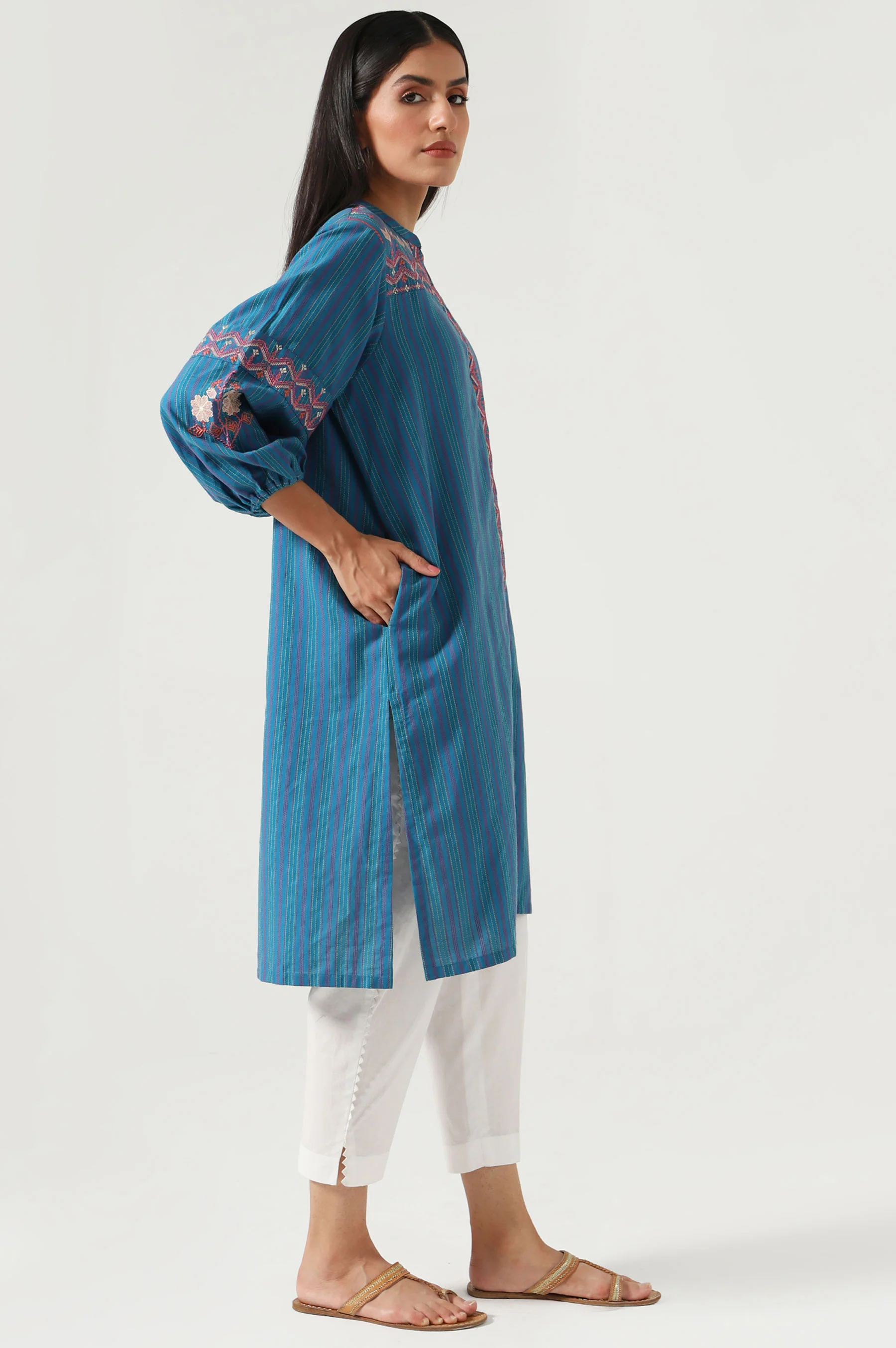 Stitched 1 Piece Embroidered Yarn Dyed Shirt - Image 4
