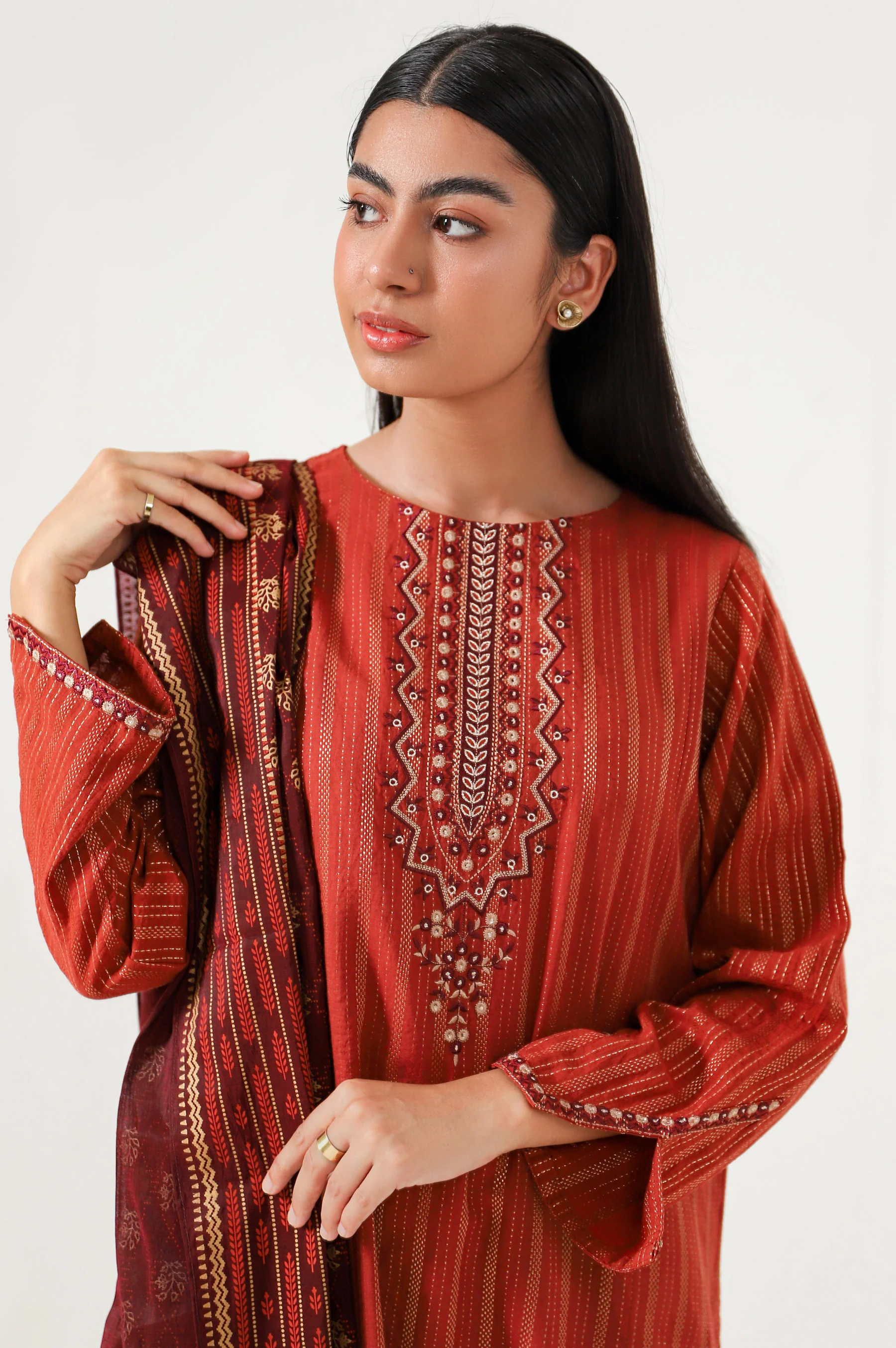Stitched 2 Piece Embroidered Zari Line & Screen Print Dupatta - Image 3