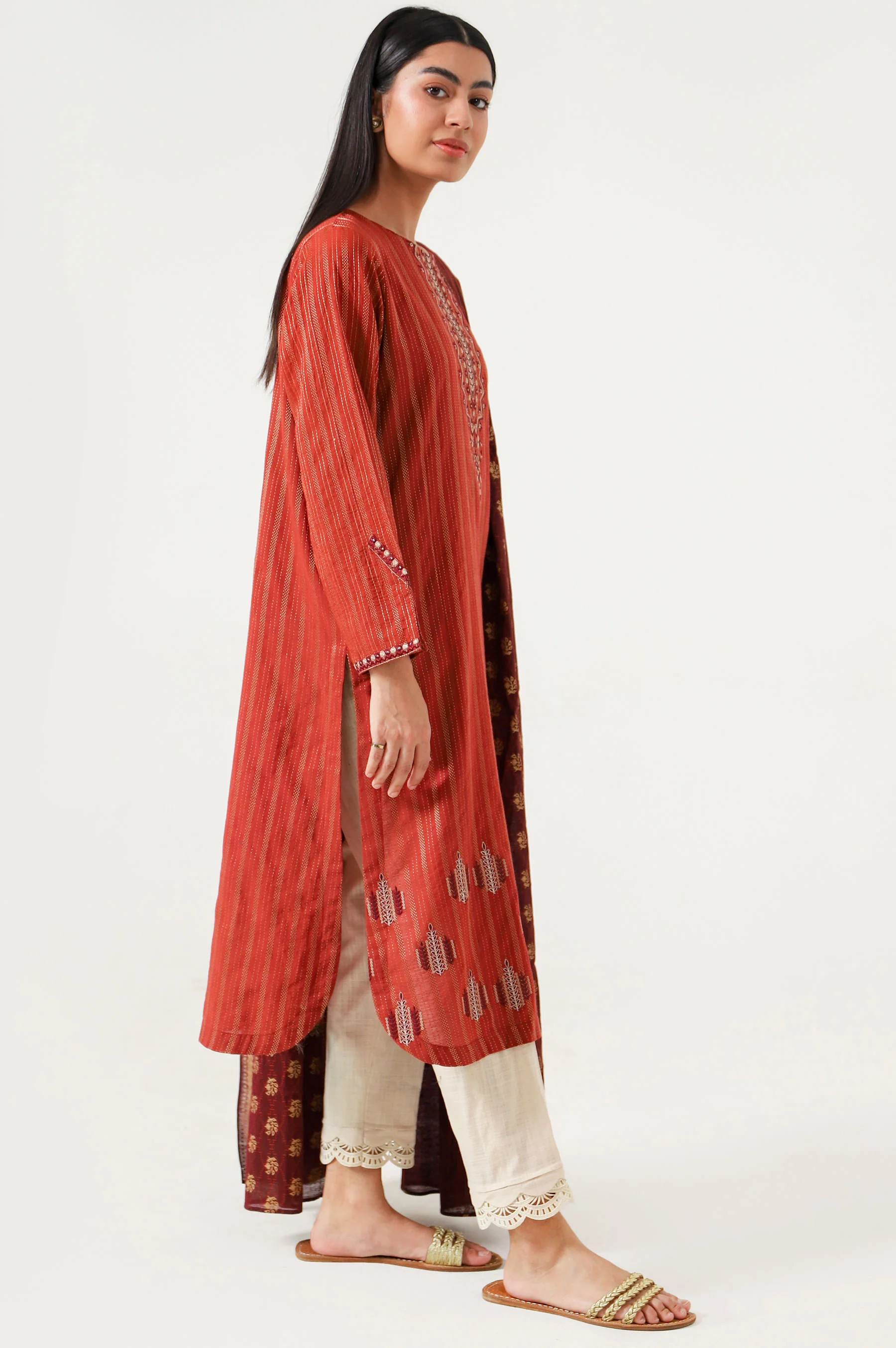Stitched 2 Piece Embroidered Zari Line & Screen Print Dupatta - Image 5