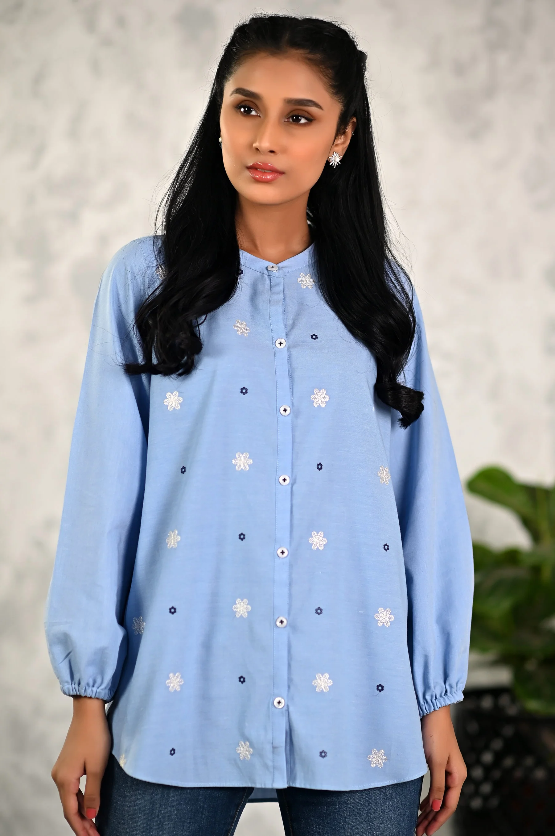 Stitched 1 Piece Embroidered Chambray Shirt - Image 2