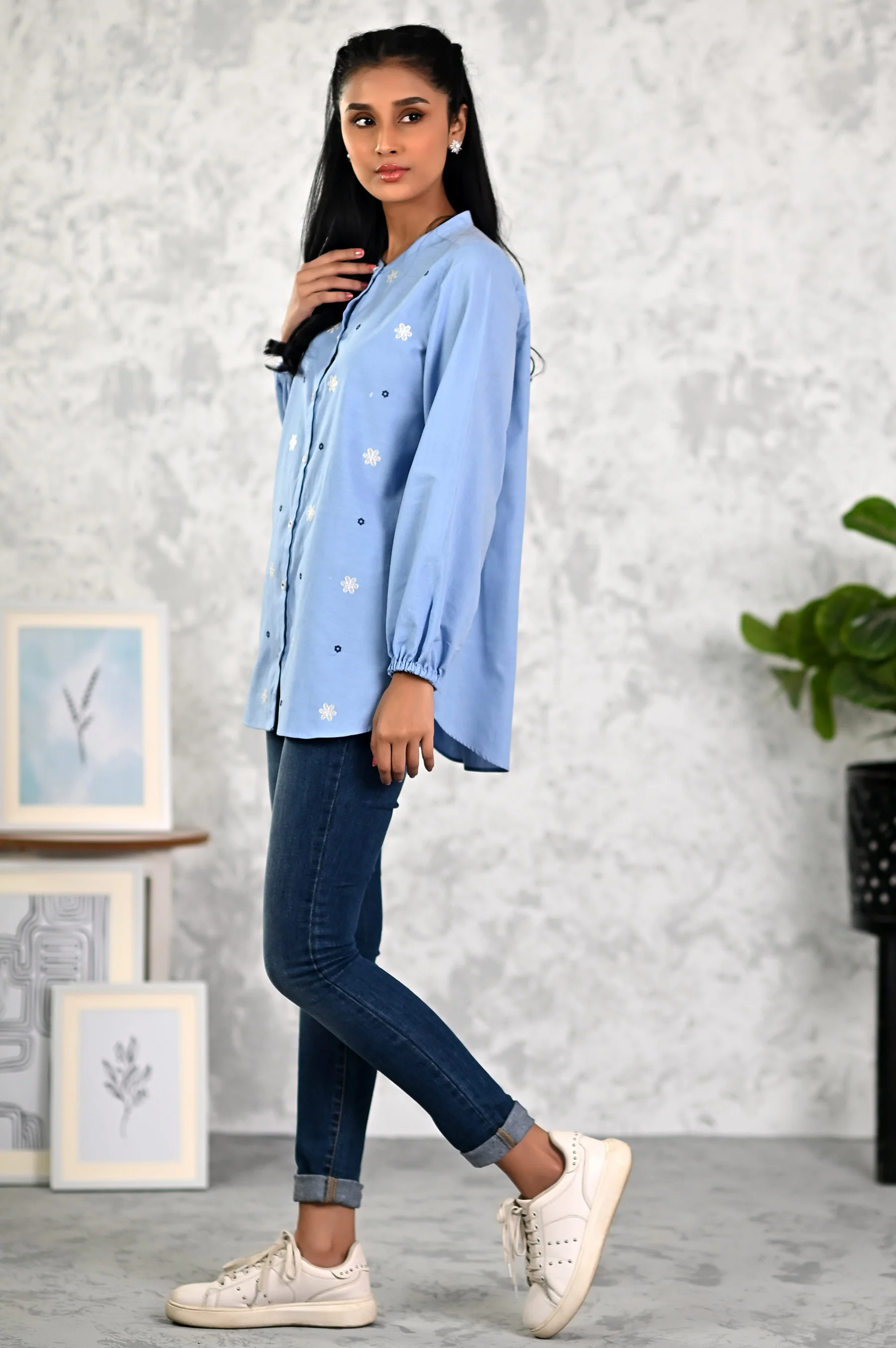 Stitched 1 Piece Embroidered Chambray Shirt - Image 3