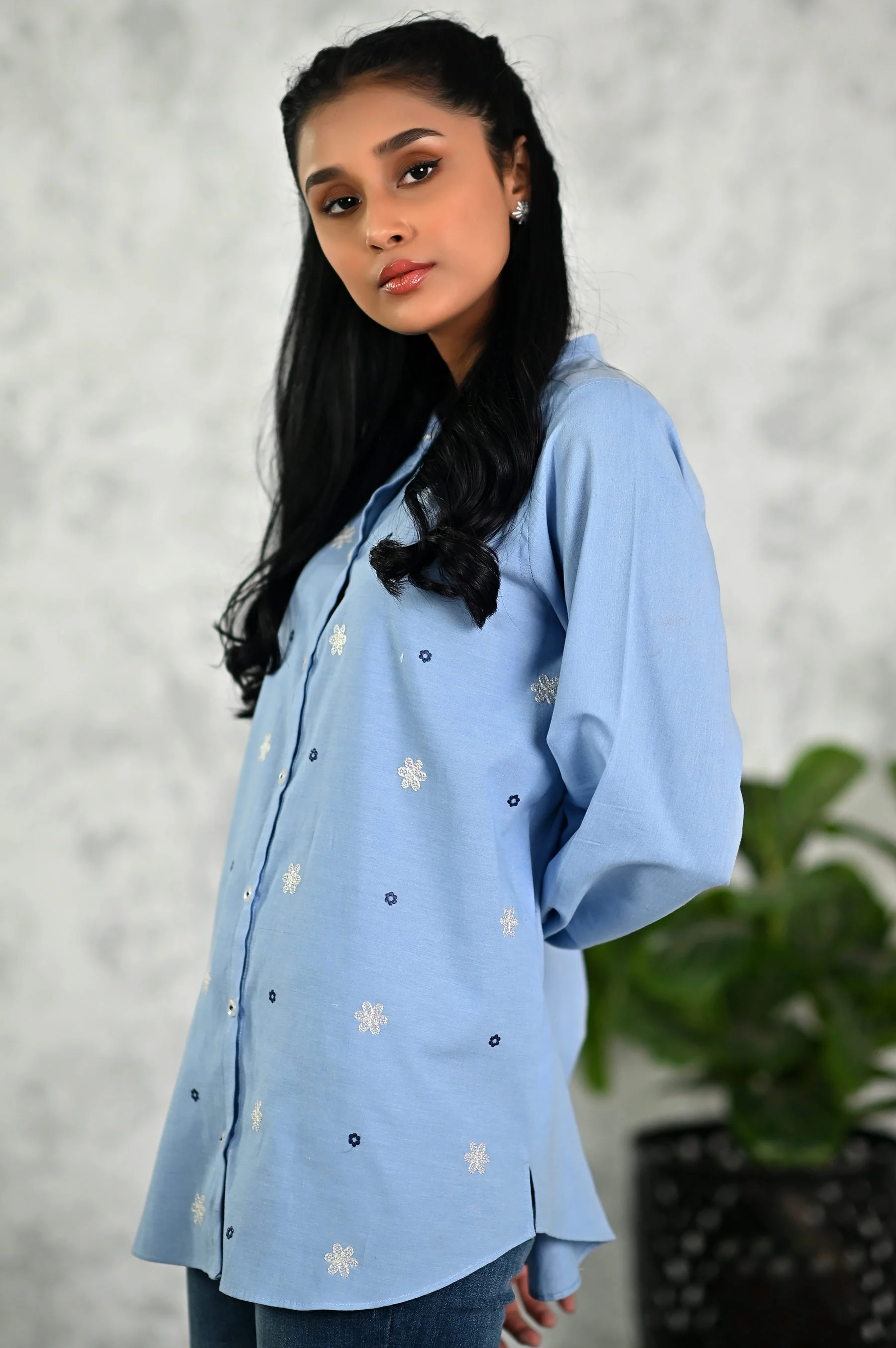 Stitched 1 Piece Embroidered Chambray Shirt - Image 5