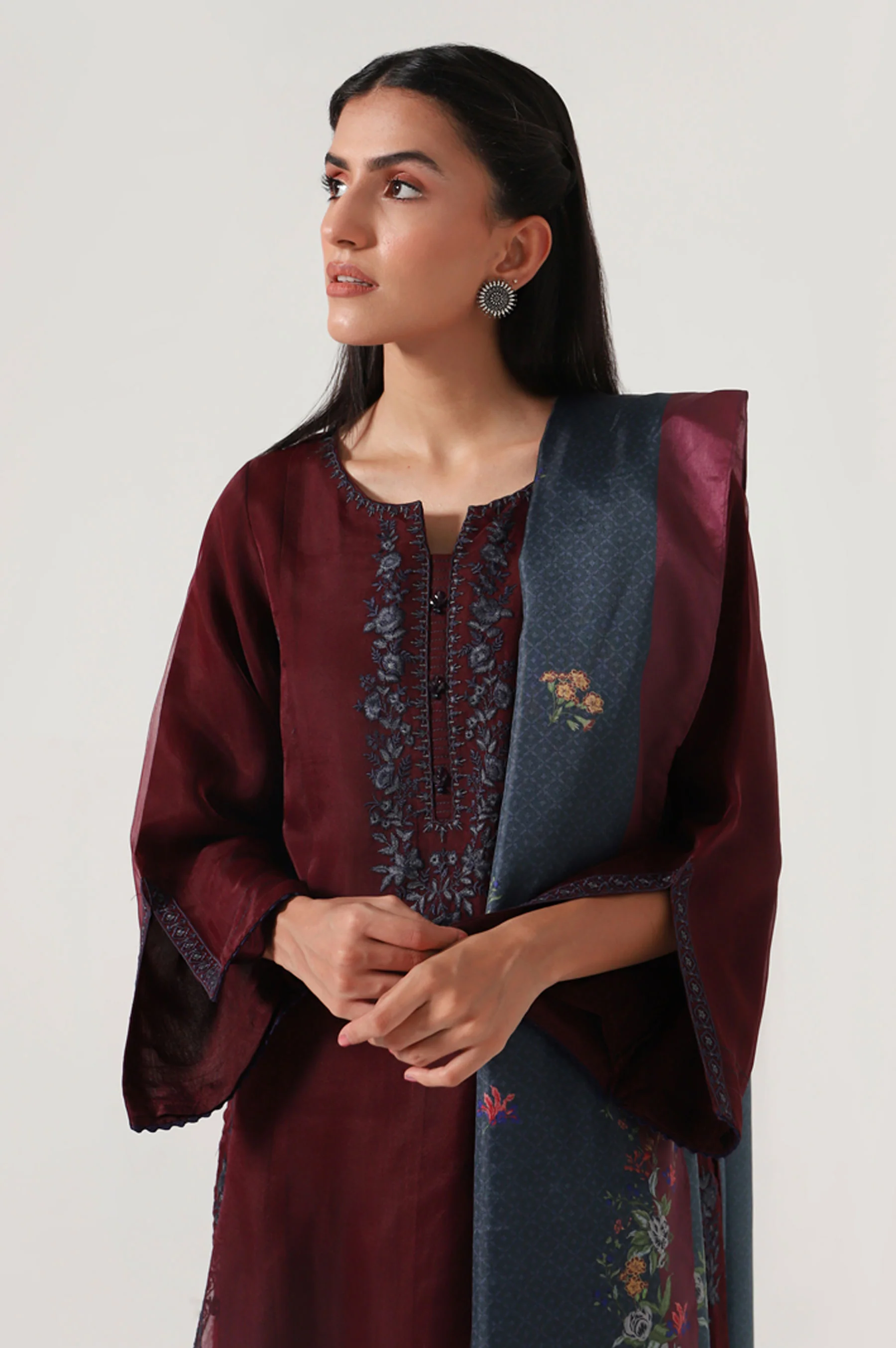Stitched 2 Piece Cotton Net Embroidered Shirt - Image 3