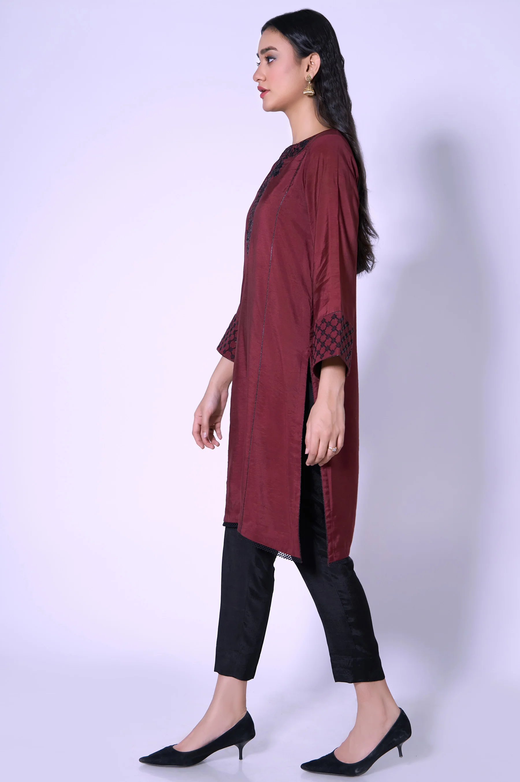 Stitched 1 Piece Paper Cotton Sequin Embroidered Shirt - Image 3