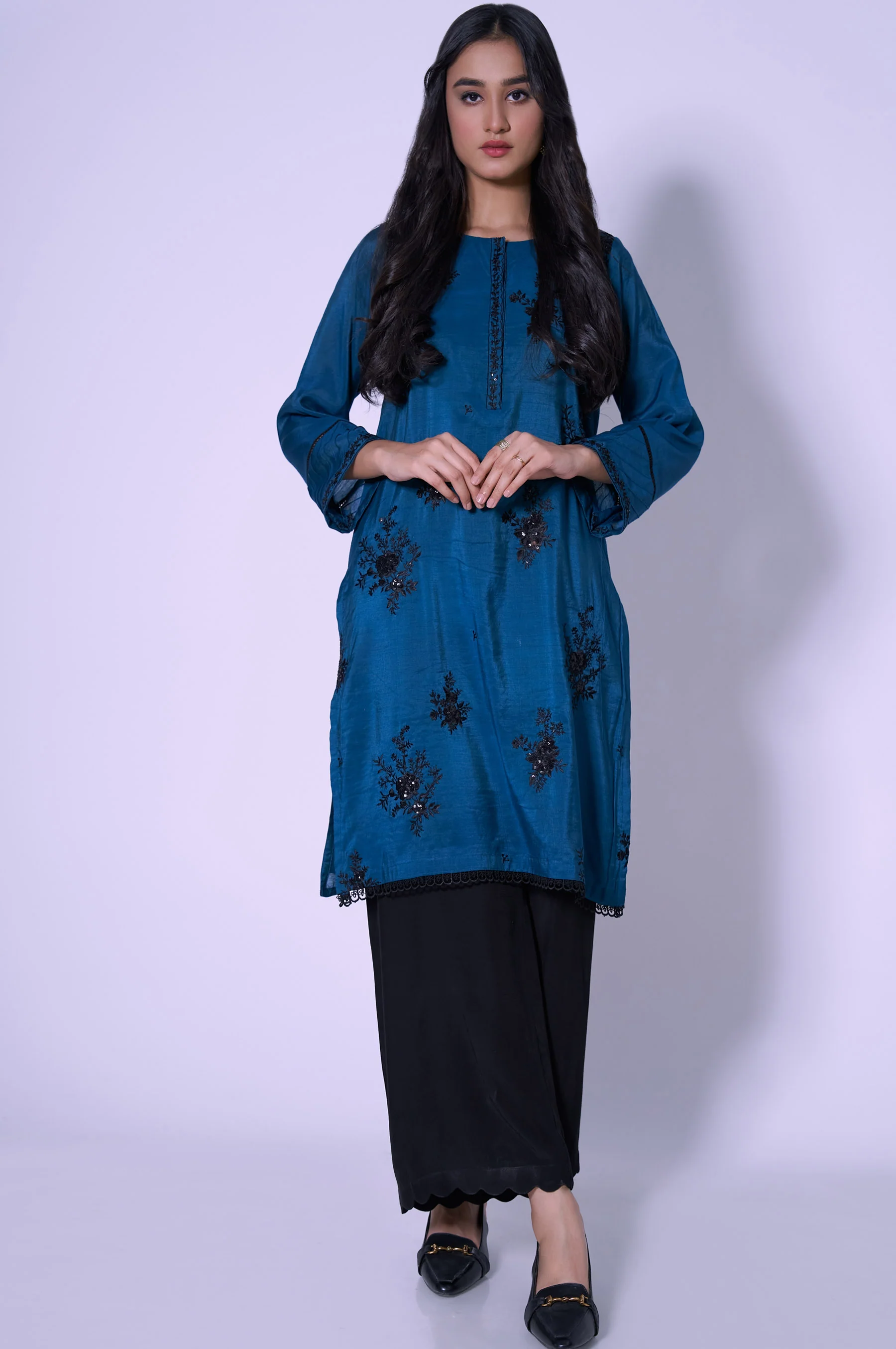 Stitched 1 Piece Paper Cotton Sequin Embroidered Shirt - Image 3