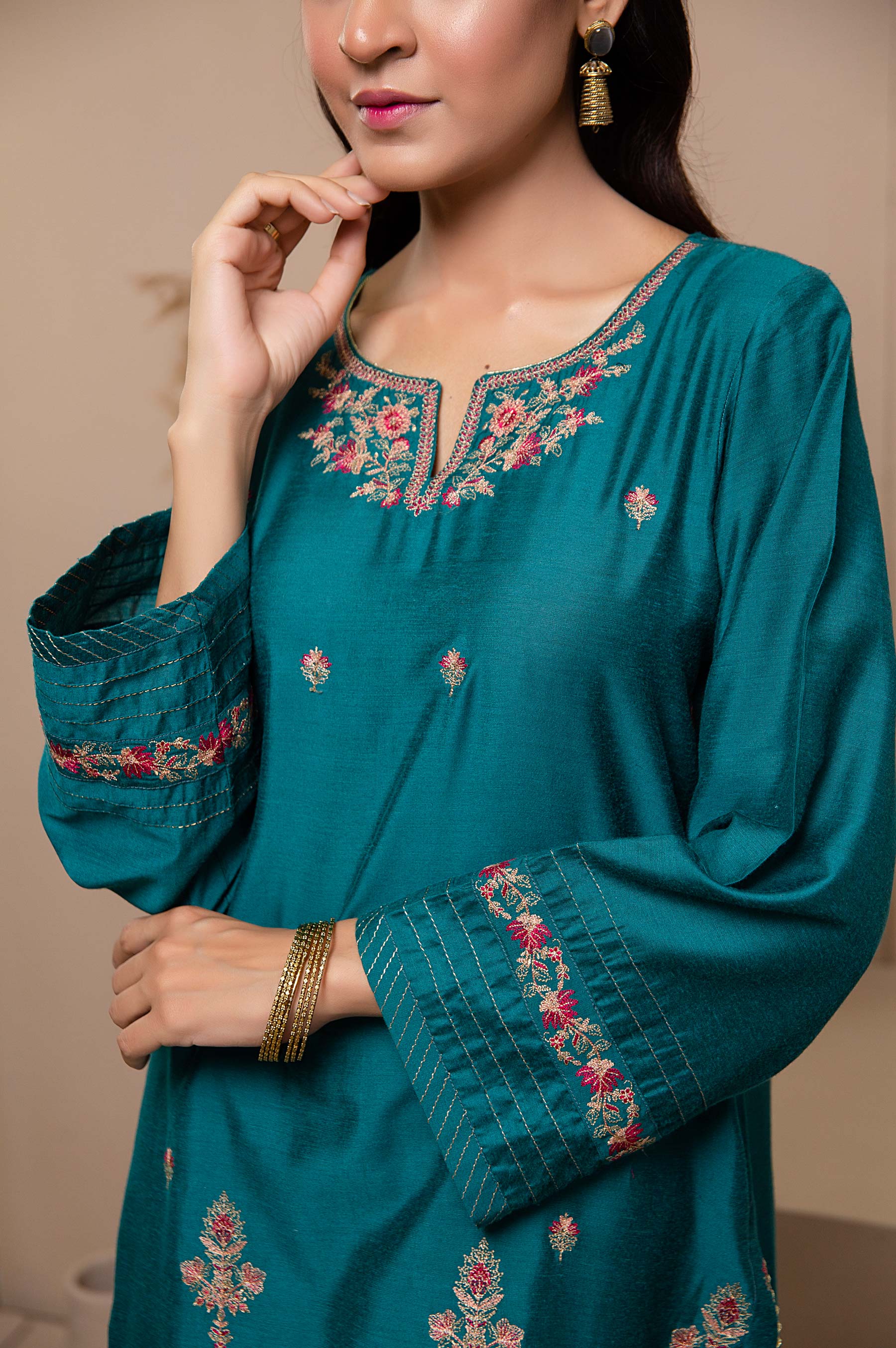Stitched 1 Piece Cotton Silk Embroidered Shirt - Image 4