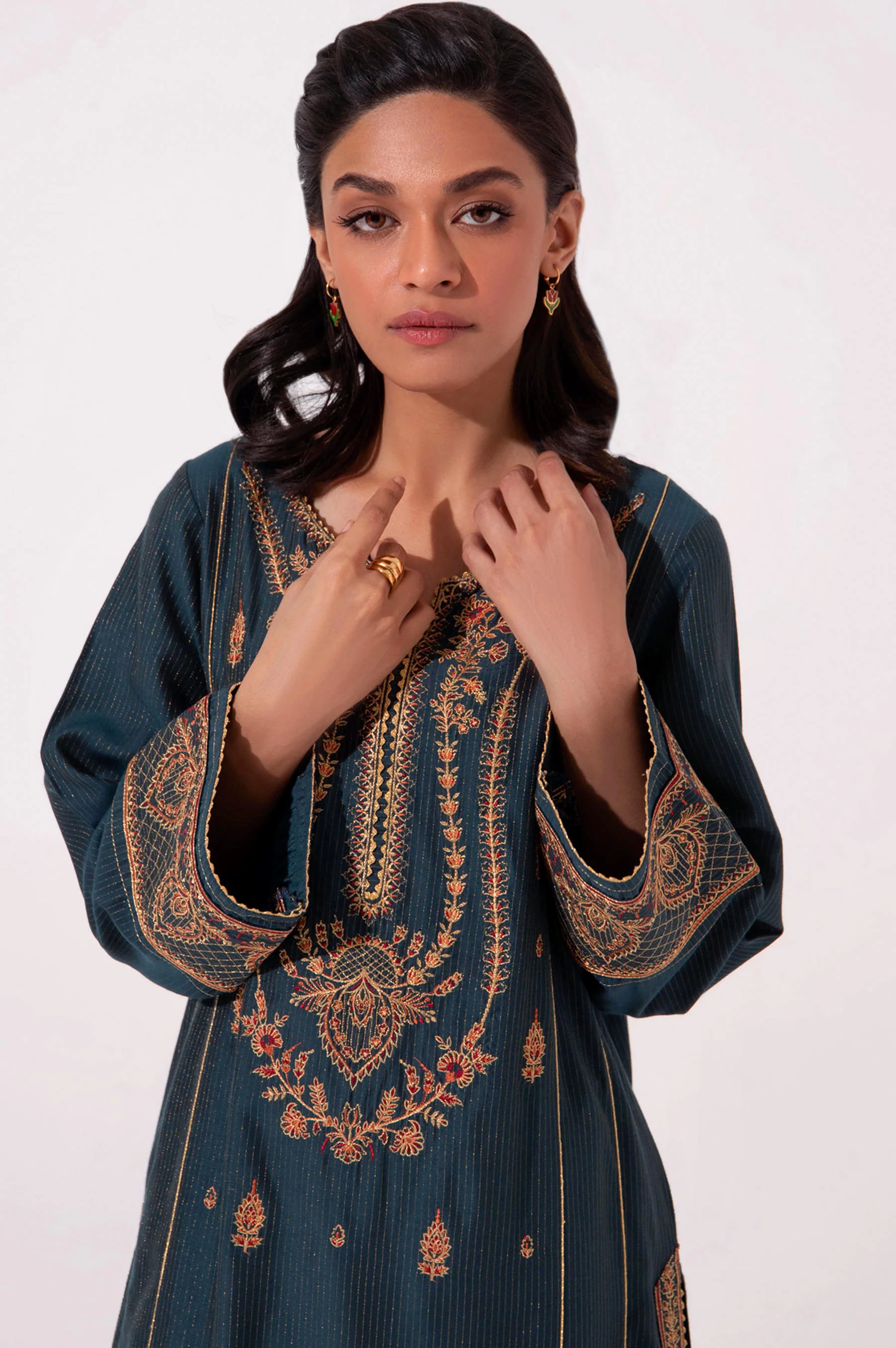 Stitched 1 Piece Embroidered Cotton Silk Shirt - Image 3
