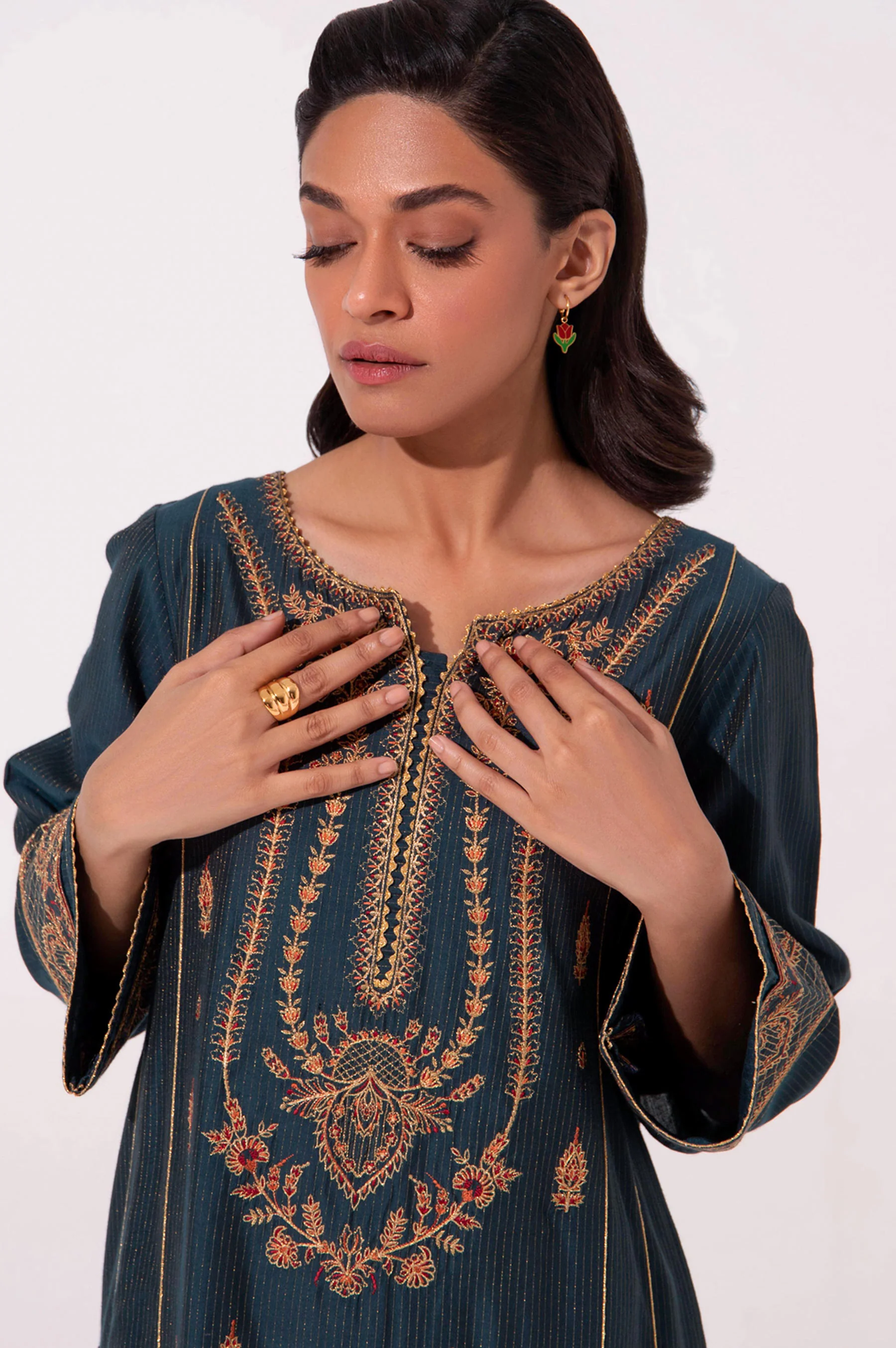 Stitched 1 Piece Embroidered Cotton Silk Shirt - Image 5
